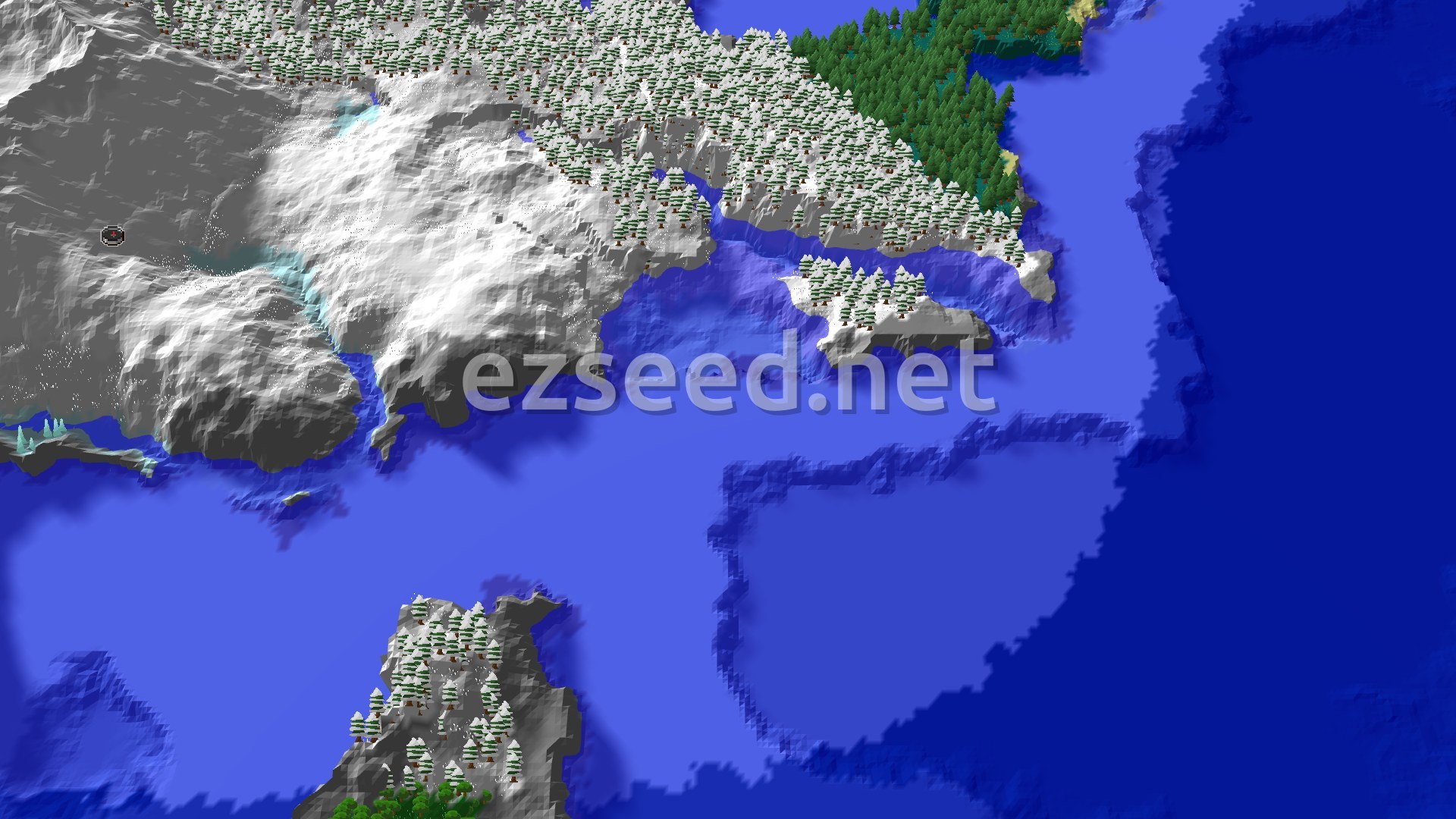A 3D overhead view of snow-covered mountains, icy rivers, and frozen oceans, with patches of pine forests and a small spawn marker.