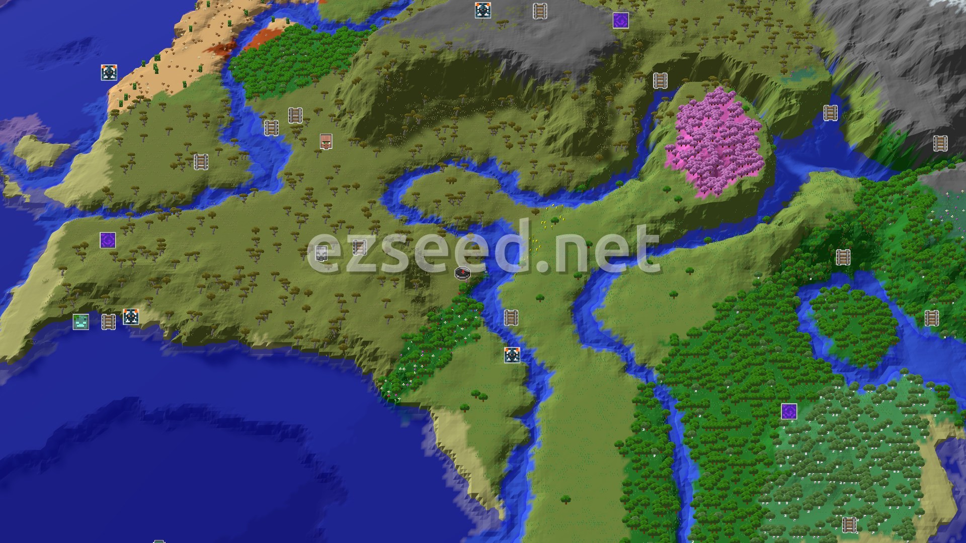Aerial Minecraft seed map — A Savanna Start with Close Underground Loot