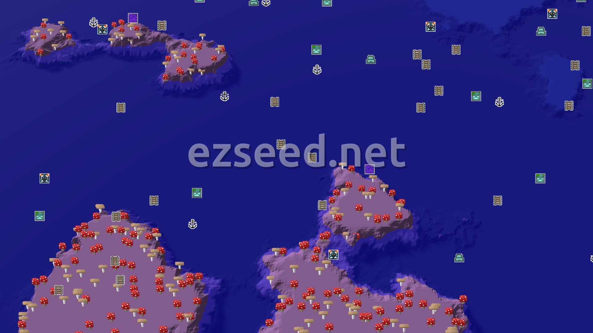 Aerial Minecraft seed map — Mushroom Island and Village at Spawn