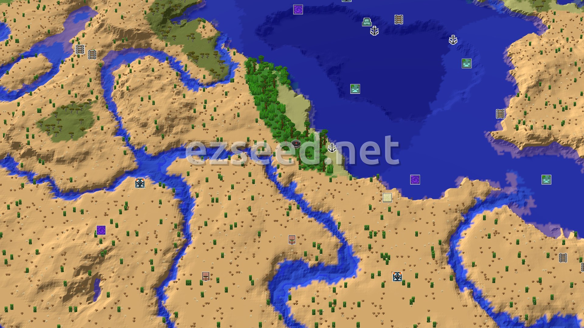 Aerial Minecraft seed map — Jungle Coastline with Desert Adventures Nearby