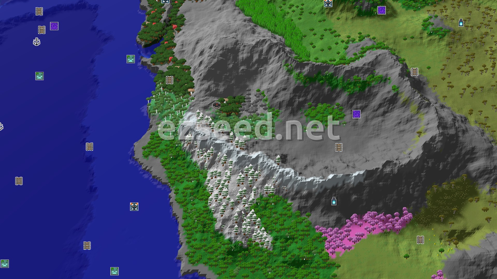 Aerial Minecraft seed map — A Mountainous Start With Nearby Ancient Wonders