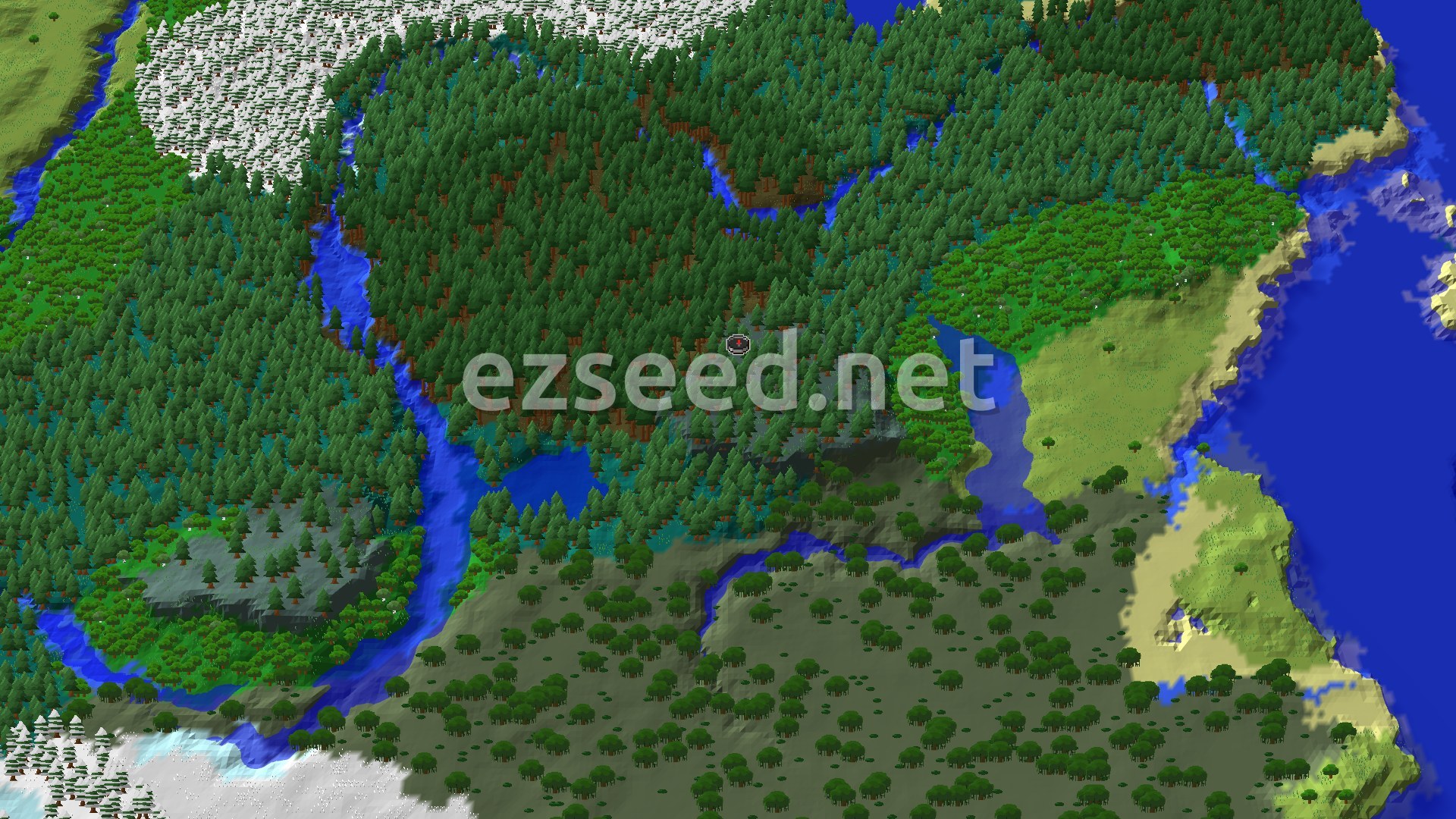 A 3D fly-over of a dense, dark green forest with a winding river and some snowy peaks in the distance, with a small spawn marker in the center.