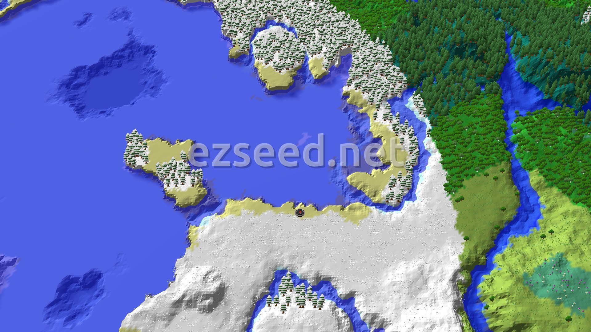 Aerial Minecraft seed map — Snowy Village Start with Nearby Trial Chambers
