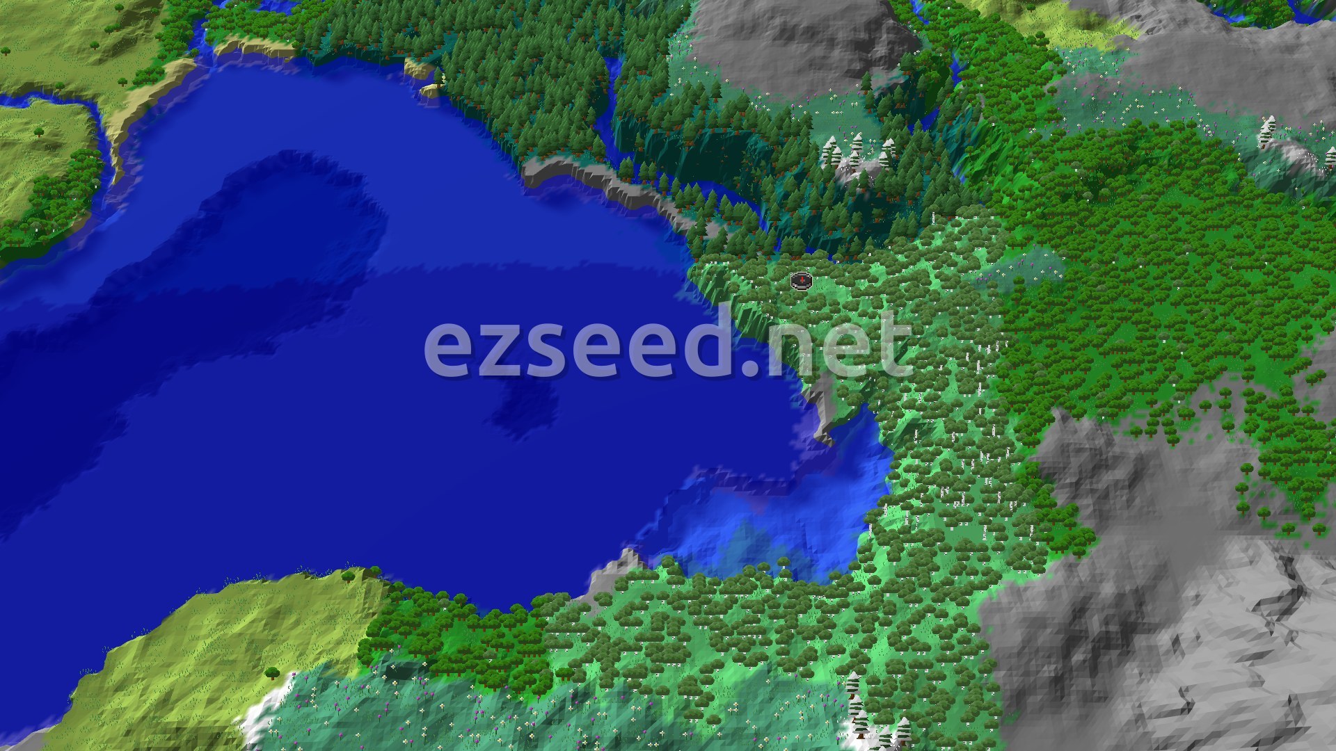 An aerial view of a varied landscape with a large blue ocean on the left, a Birch Forest around the center spawn point, and mountains and other forests in the background.
