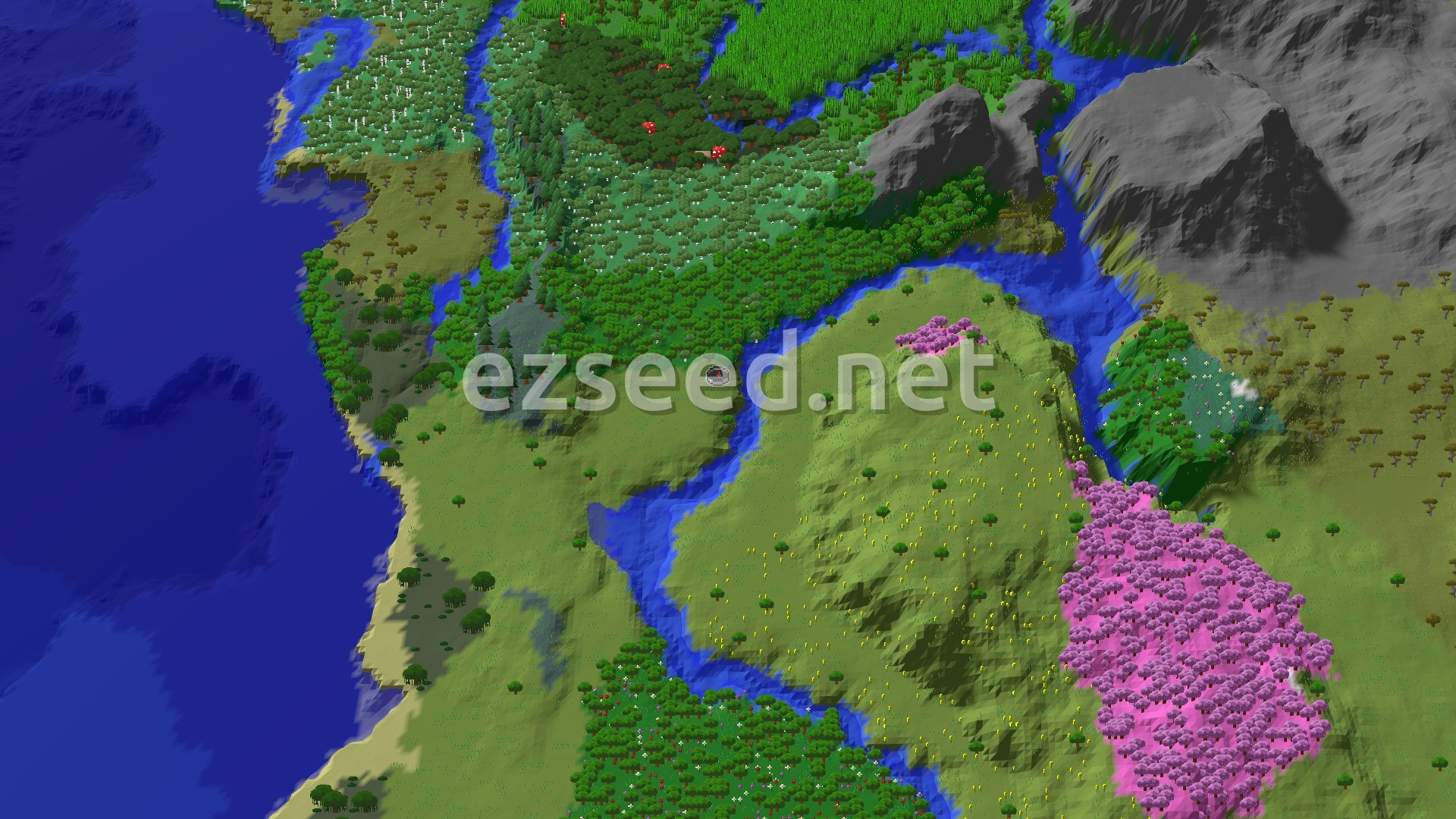 Aerial Minecraft seed map — Quick Start to Resources, Then a Cherry Grove Trip