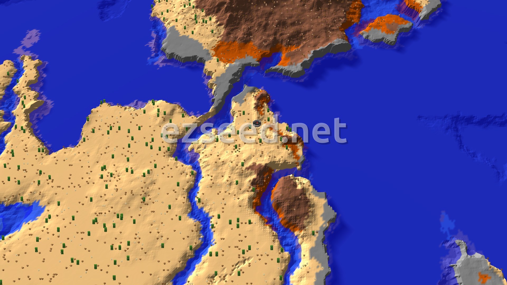 An aerial view of a desert island with some badlands and ocean biomes nearby. Small green cacti are scattered across the sandy terrain, and the surrounding water is a deep blue.