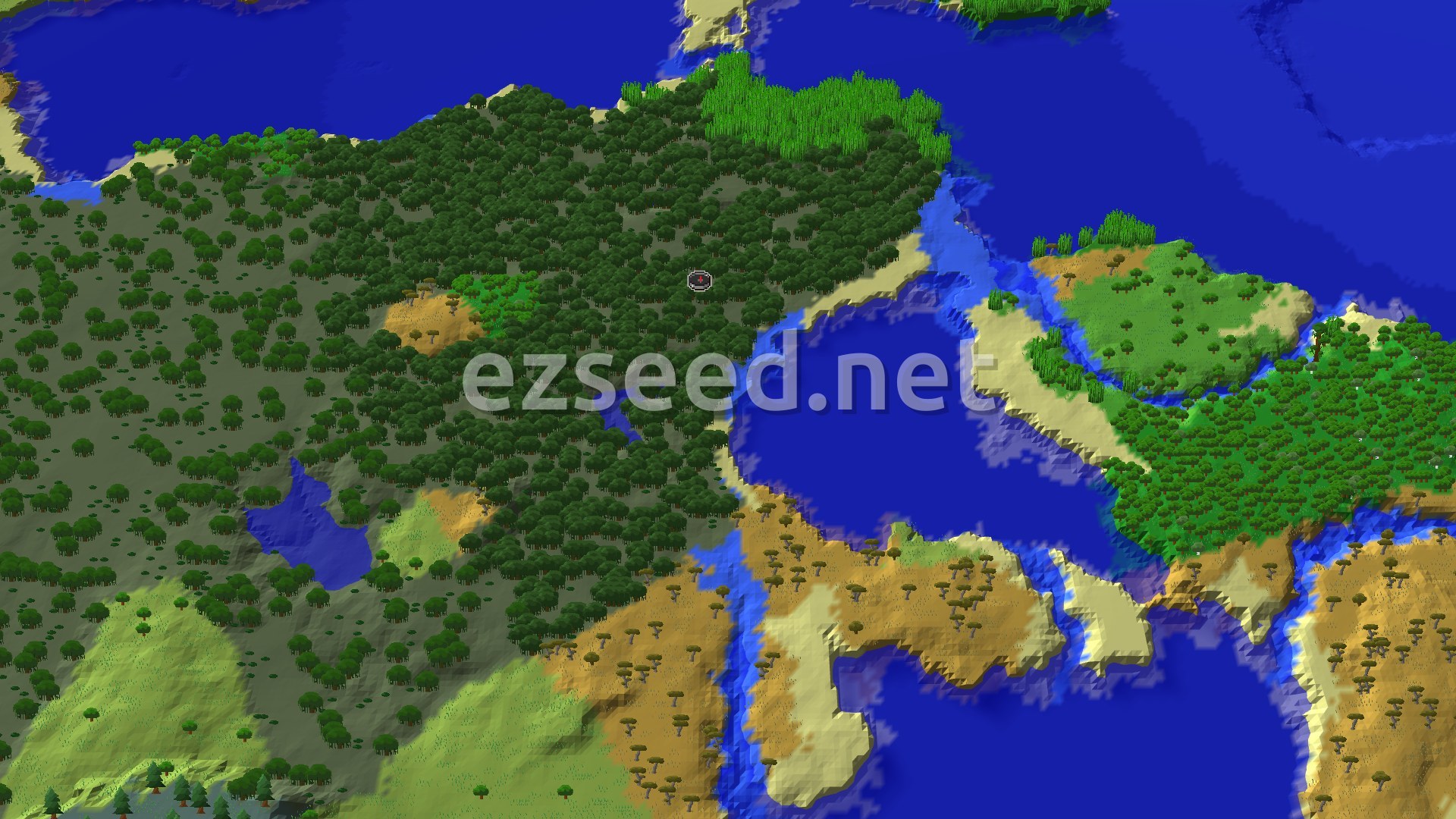 A 3D overhead view of a diverse landscape featuring dense green forests, light green plains, sandy savannas, and various bodies of blue water including rivers and oceans. A small red spawn marker is visible near a cluster of trees.
