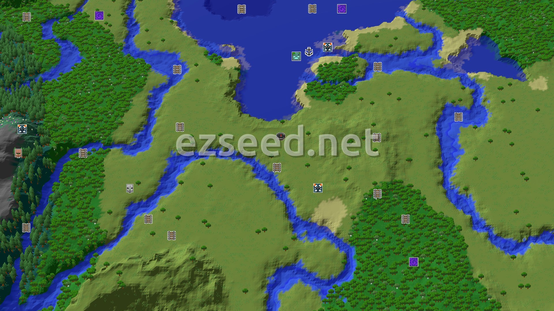 Aerial Minecraft seed map — Trial Chambers and Cold Ocean near a Plains Spawn