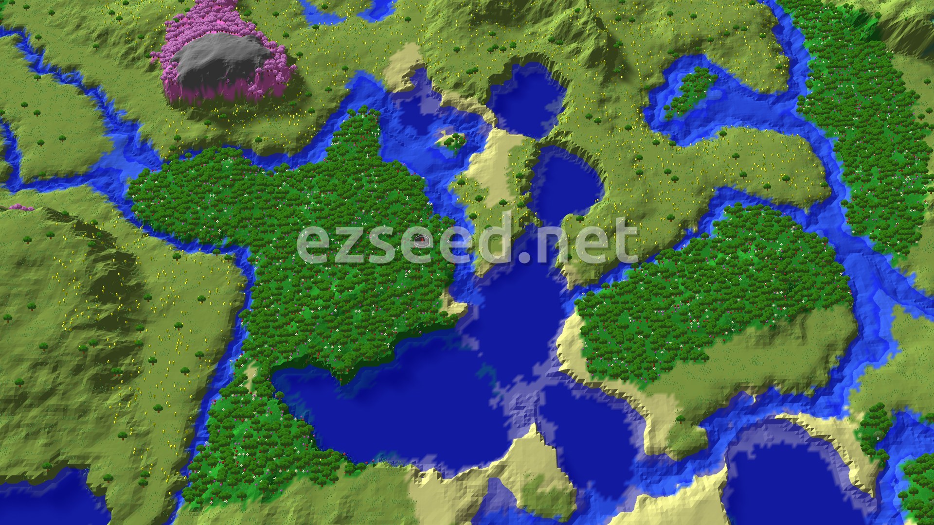 Aerial Minecraft seed map — Flower Forest Spawn with Nearby Cherry Grove