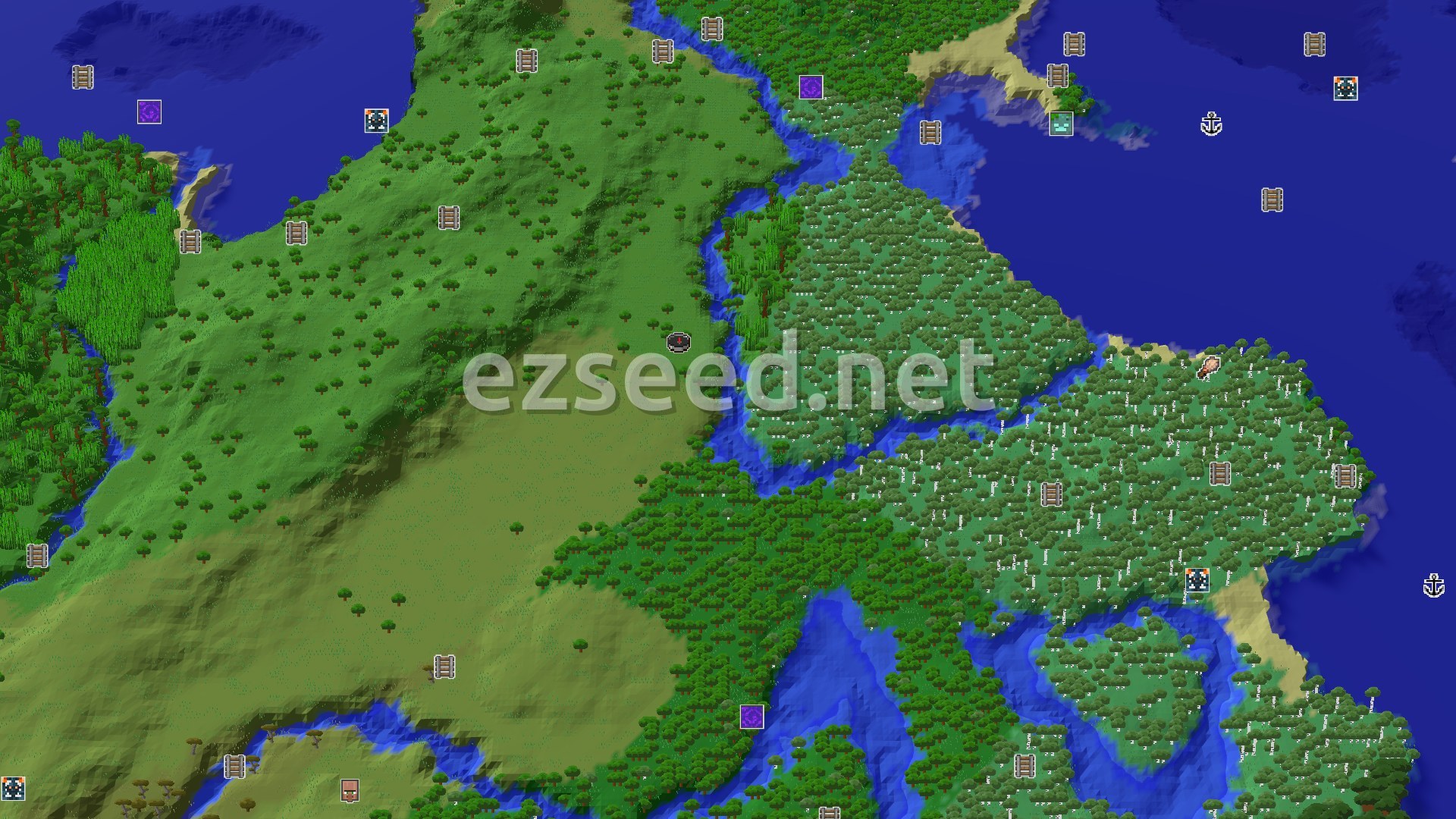 Aerial Minecraft seed map — Spawn in a Sparse Jungle with a Village and Trial Chambers nearby