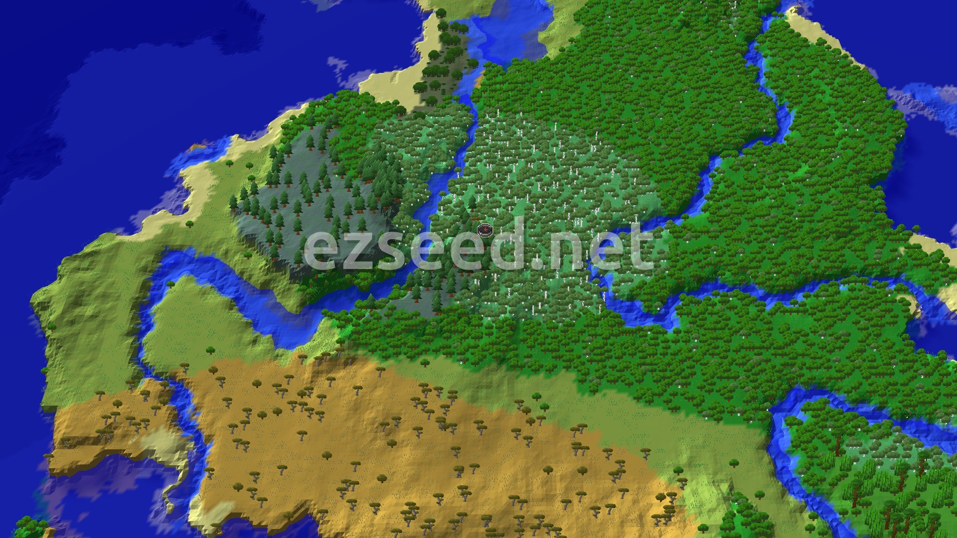 An aerial view of a varied landscape featuring a large forest, winding rivers, a savanna, and surrounding oceans. A small spawn marker is visible near the center.