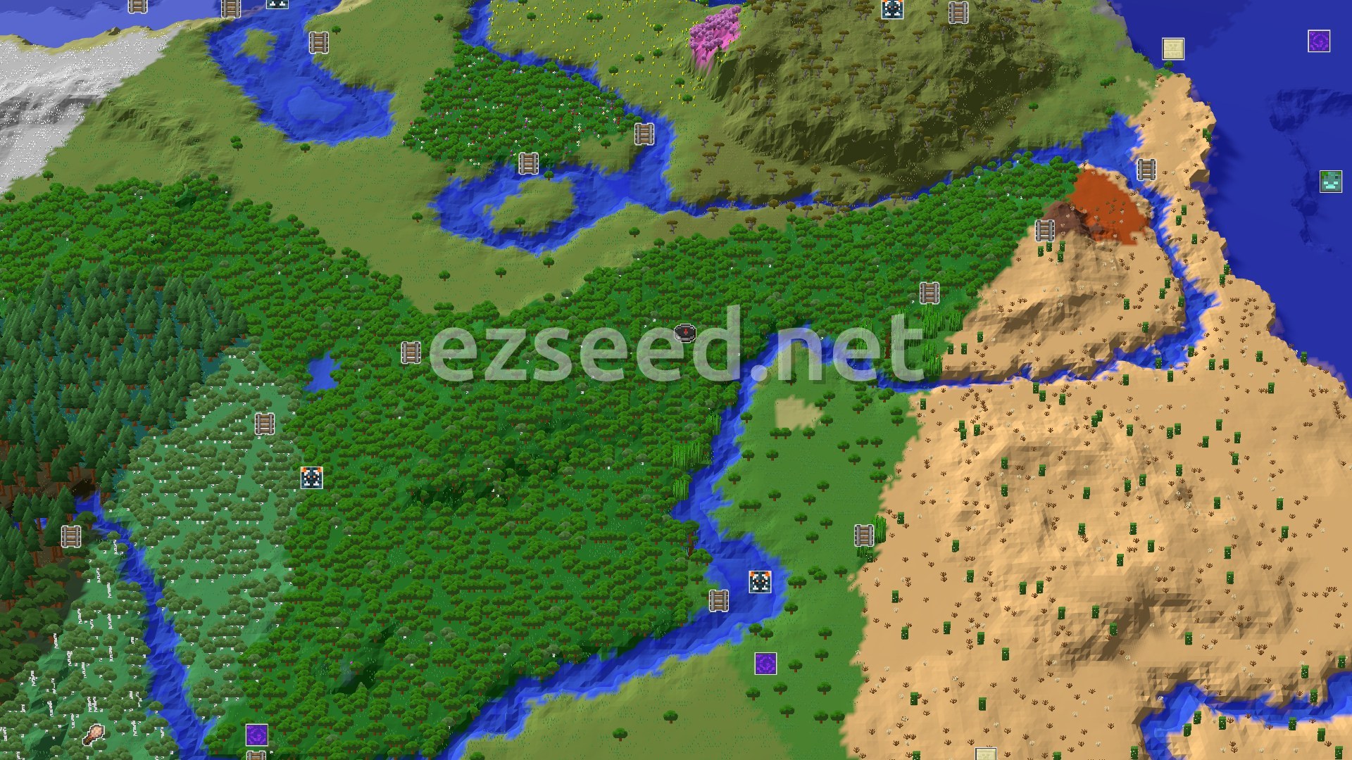 Aerial Minecraft seed map — A Forest Start With Many Biomes Nearby