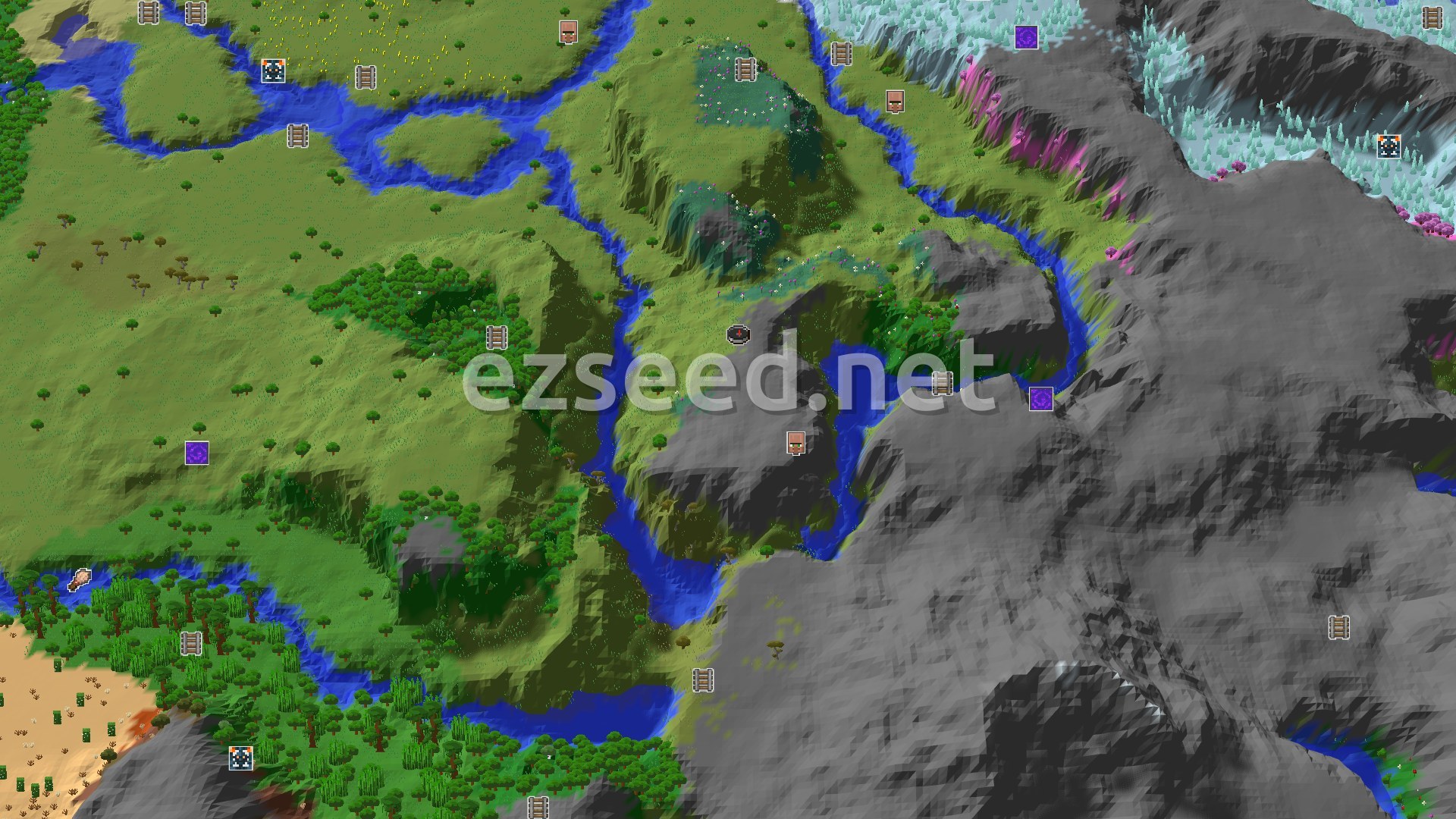 Aerial Minecraft seed map — A Cherry Grove Start with Badlands and Ice Spikes
