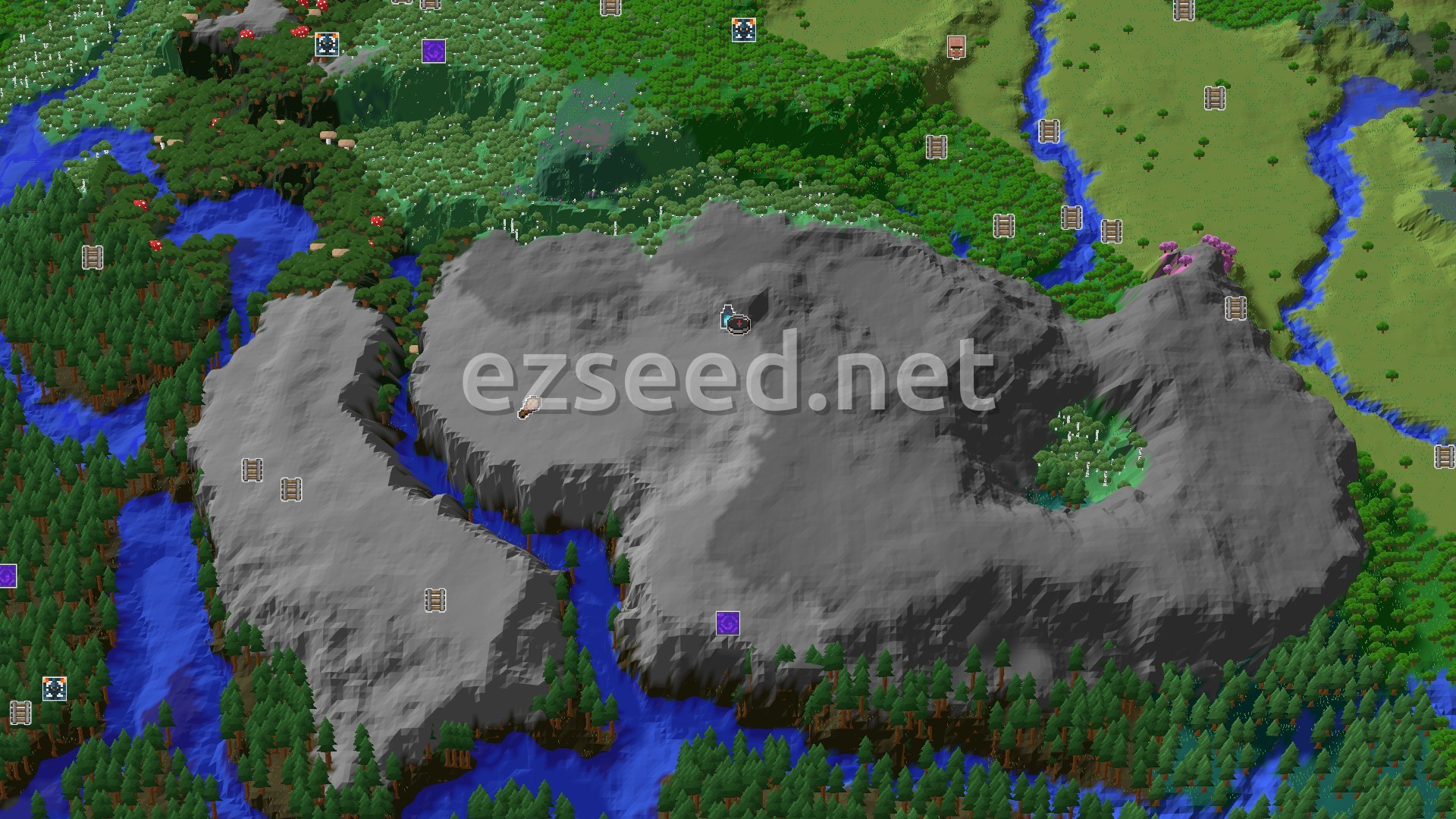 Aerial Minecraft seed map — Spawn in a Pale Garden, Ancient City just below