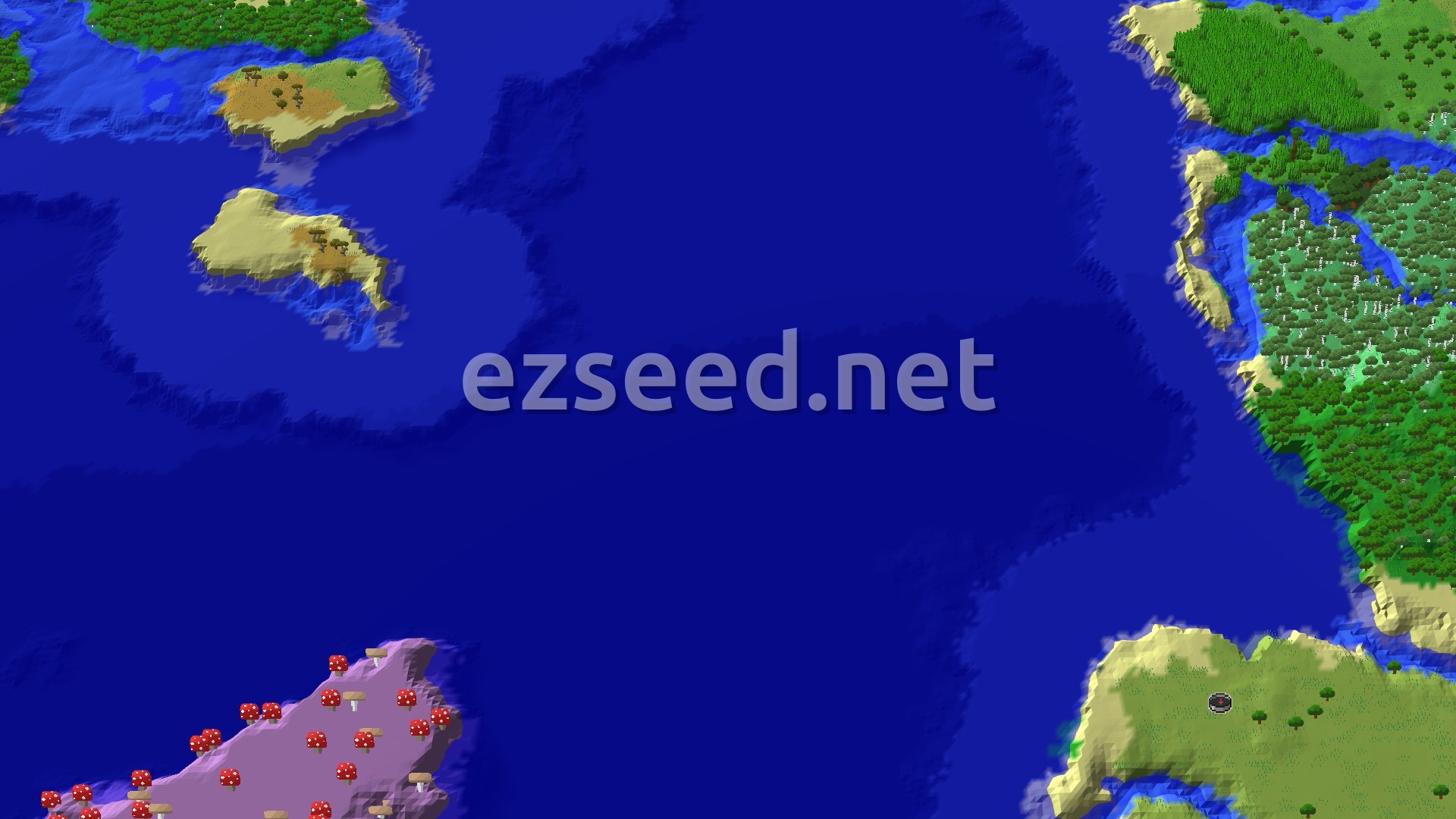 Aerial Minecraft seed map — Ocean Voyage to Mushroom Fields and Jungles