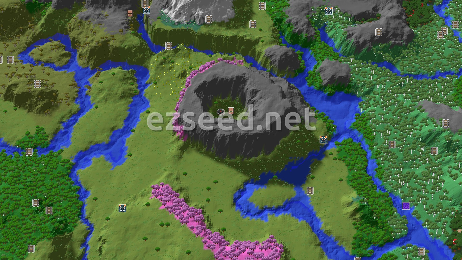 Aerial Minecraft seed map — Cherry Blossom Start with a Nearby Village
