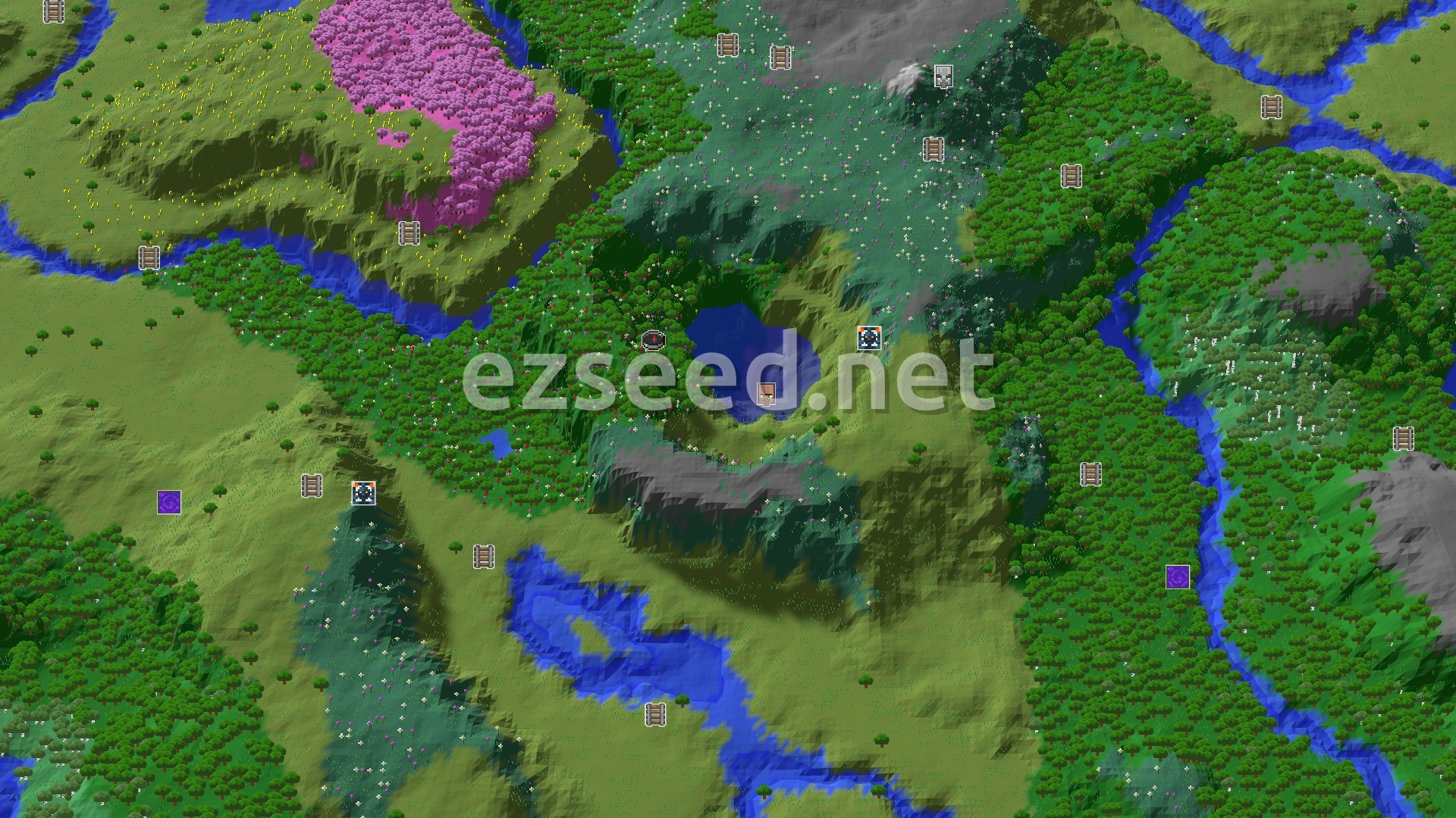 Aerial Minecraft seed map — Spawn in a Flower Forest, Village and Chambers Nearby
