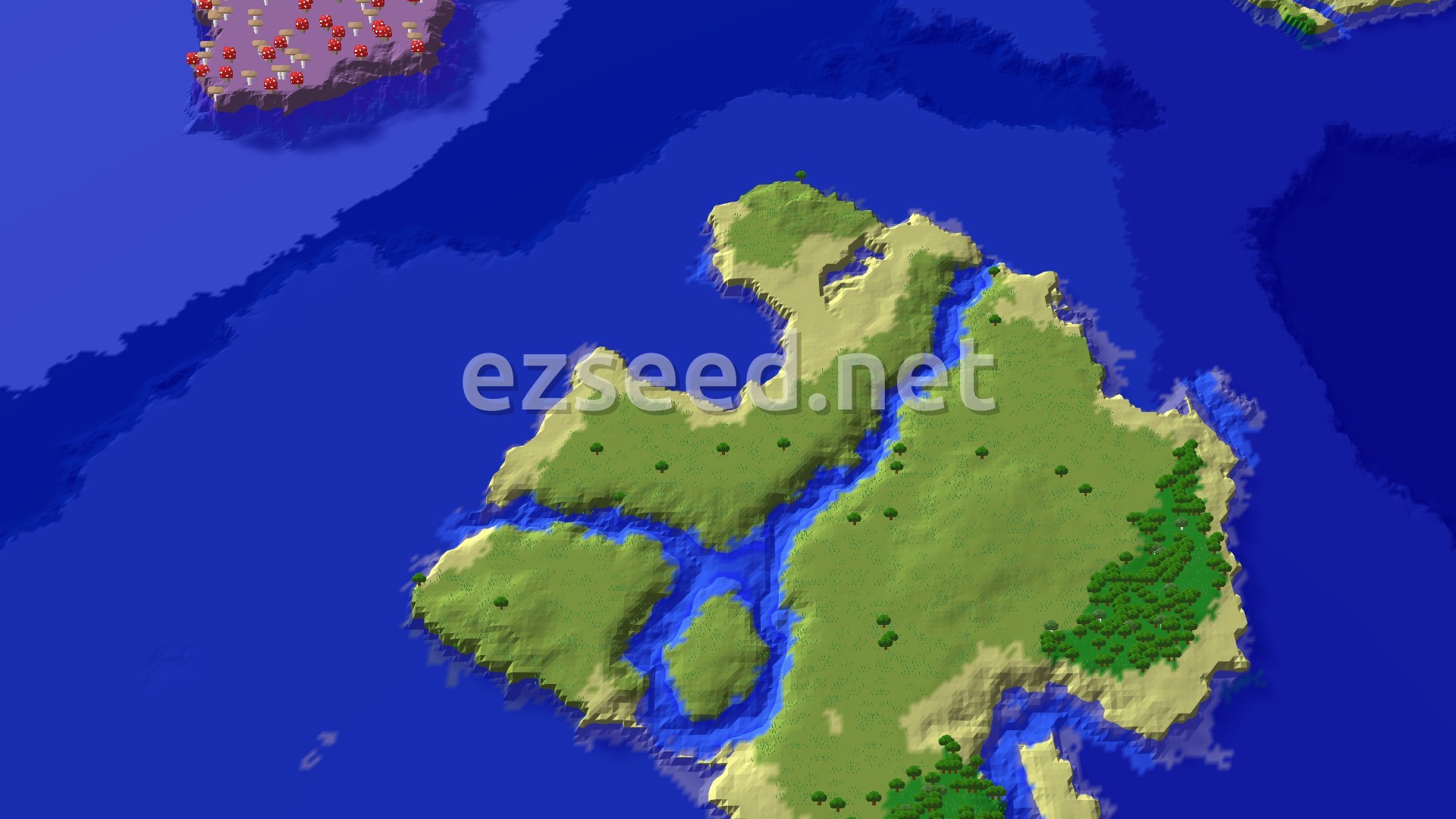 An aerial view of a green, forested island with small hills, surrounded by blue ocean, with a river cutting through the land.