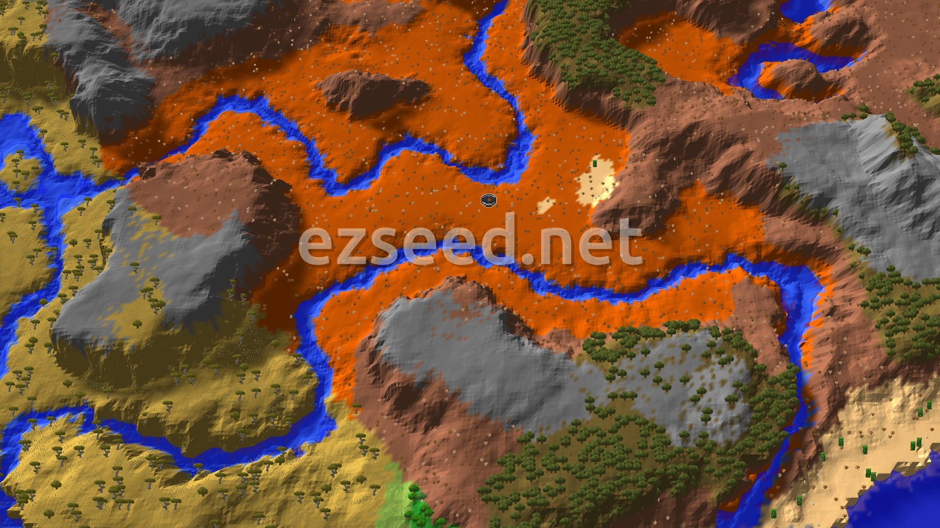Aerial Minecraft seed map — Badlands Spawn with a Nearby Eroded Badlands