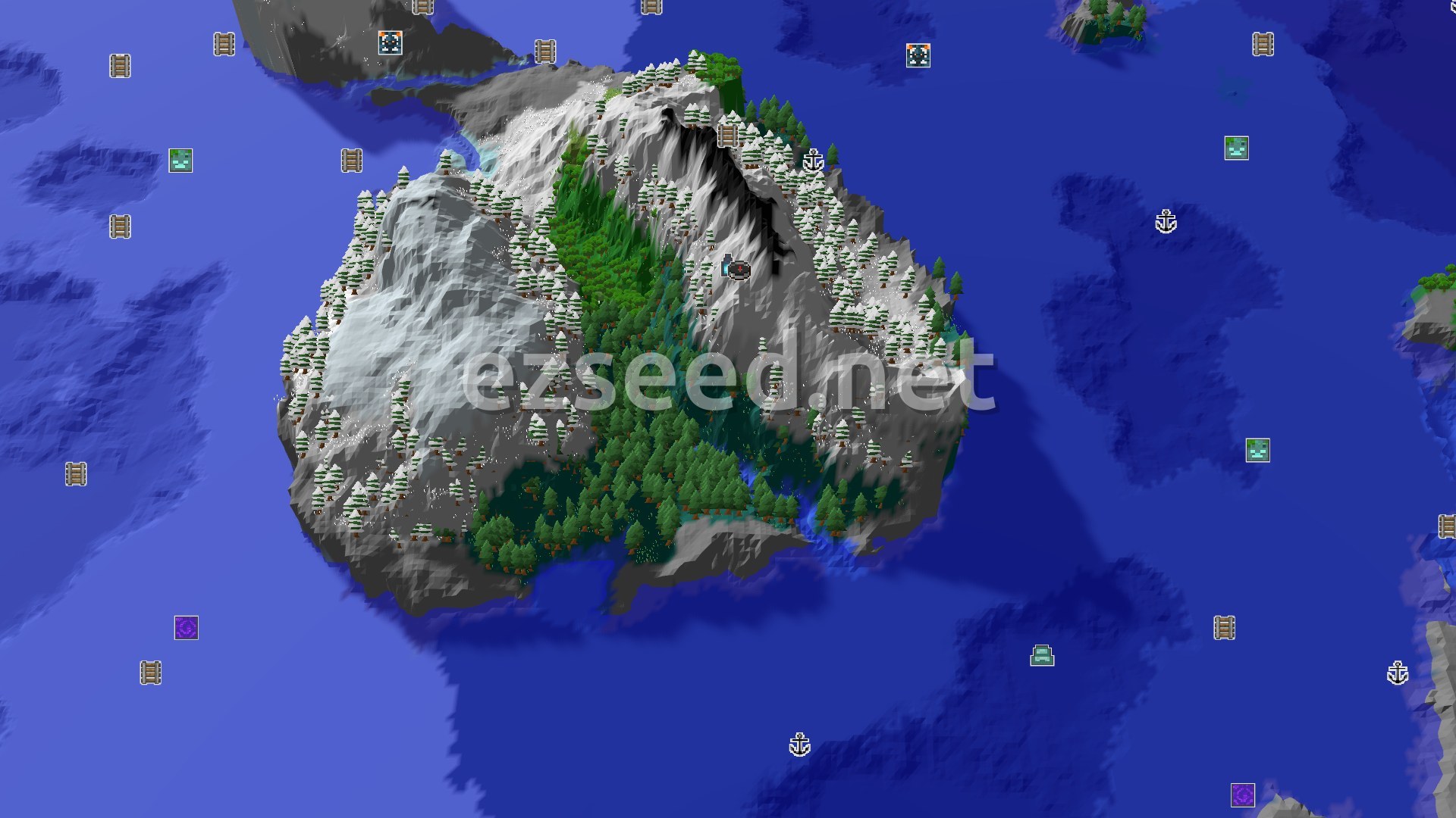 Aerial Minecraft seed map — Spawn in Snowy Peaks, Ancient City Just Below