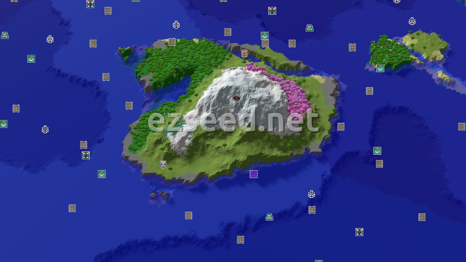 Aerial Minecraft seed map — Frozen Peaks and Cherry Grove Island Start