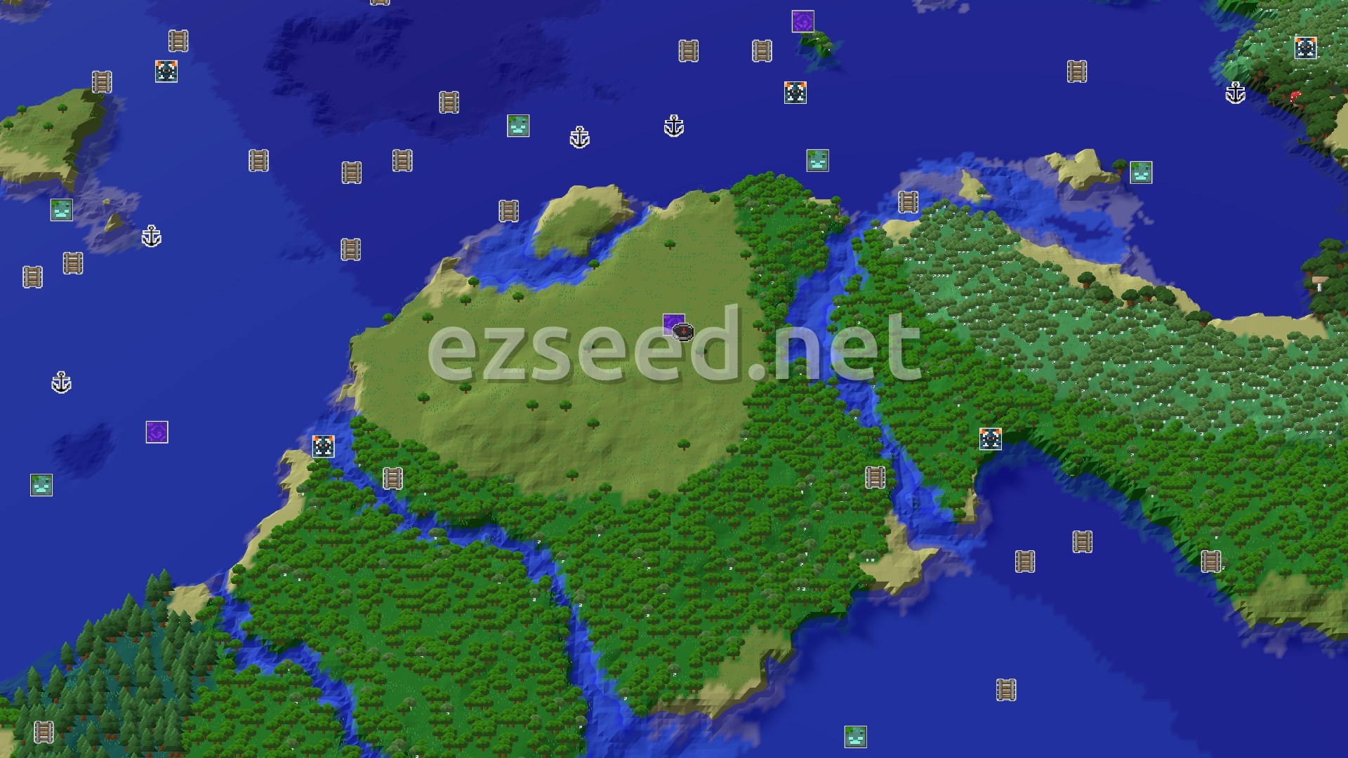 Aerial Minecraft seed map — Spawn with a Ruined Portal at Your Feet