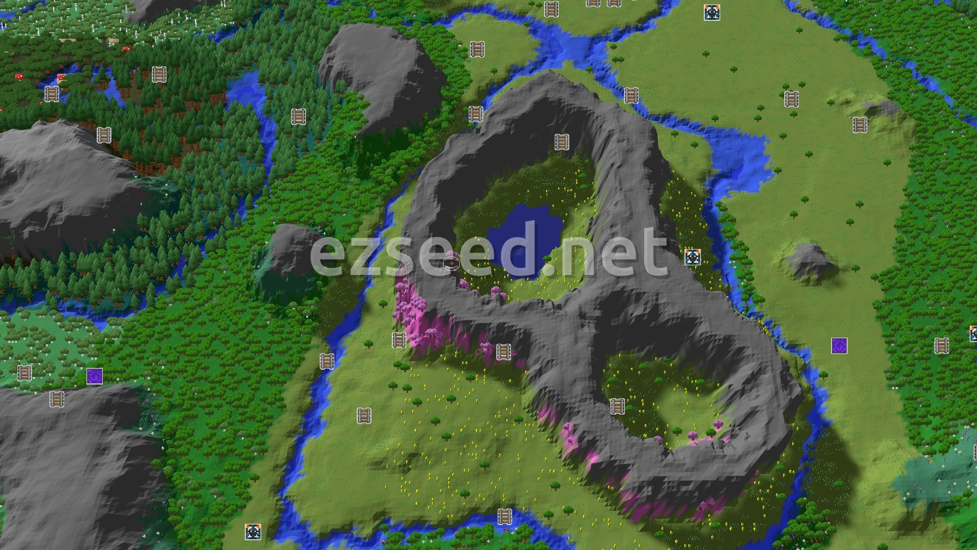 Aerial Minecraft seed map — Cherry Grove Ringed by Mountains