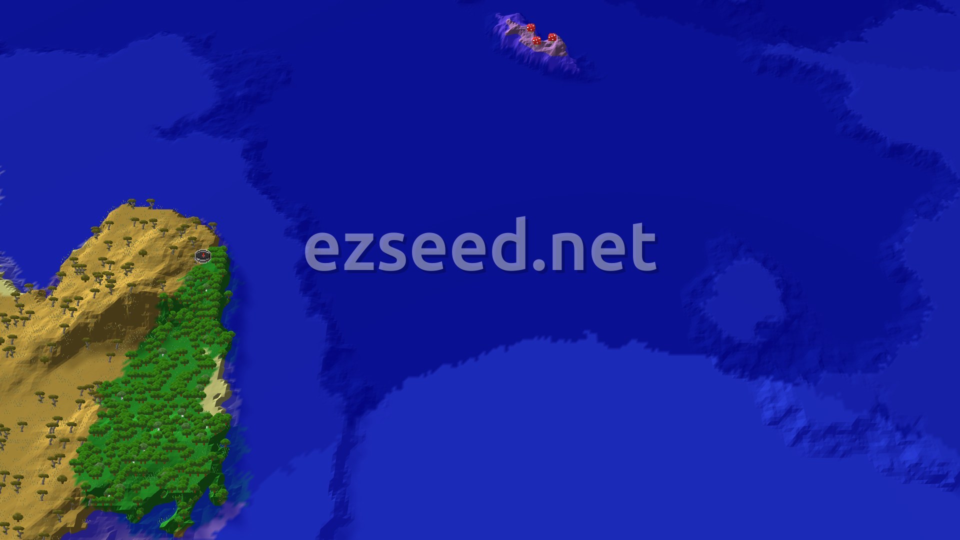 An aerial view of a landmass with a forest leading to a savanna, next to a large ocean, with a distant mushroom island.