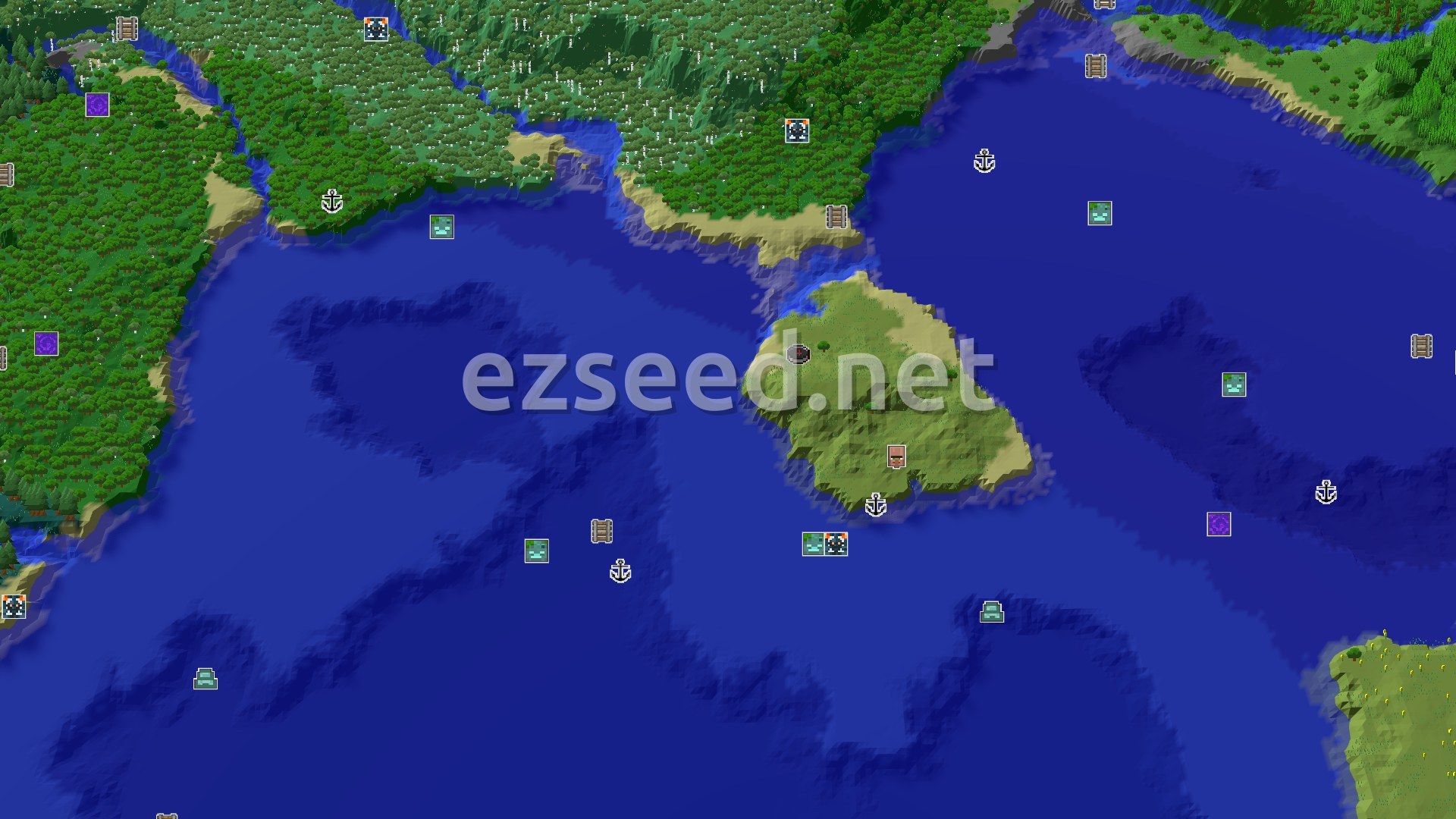 Aerial Minecraft seed map — Ocean Spawns and Nearby Trial Chambers