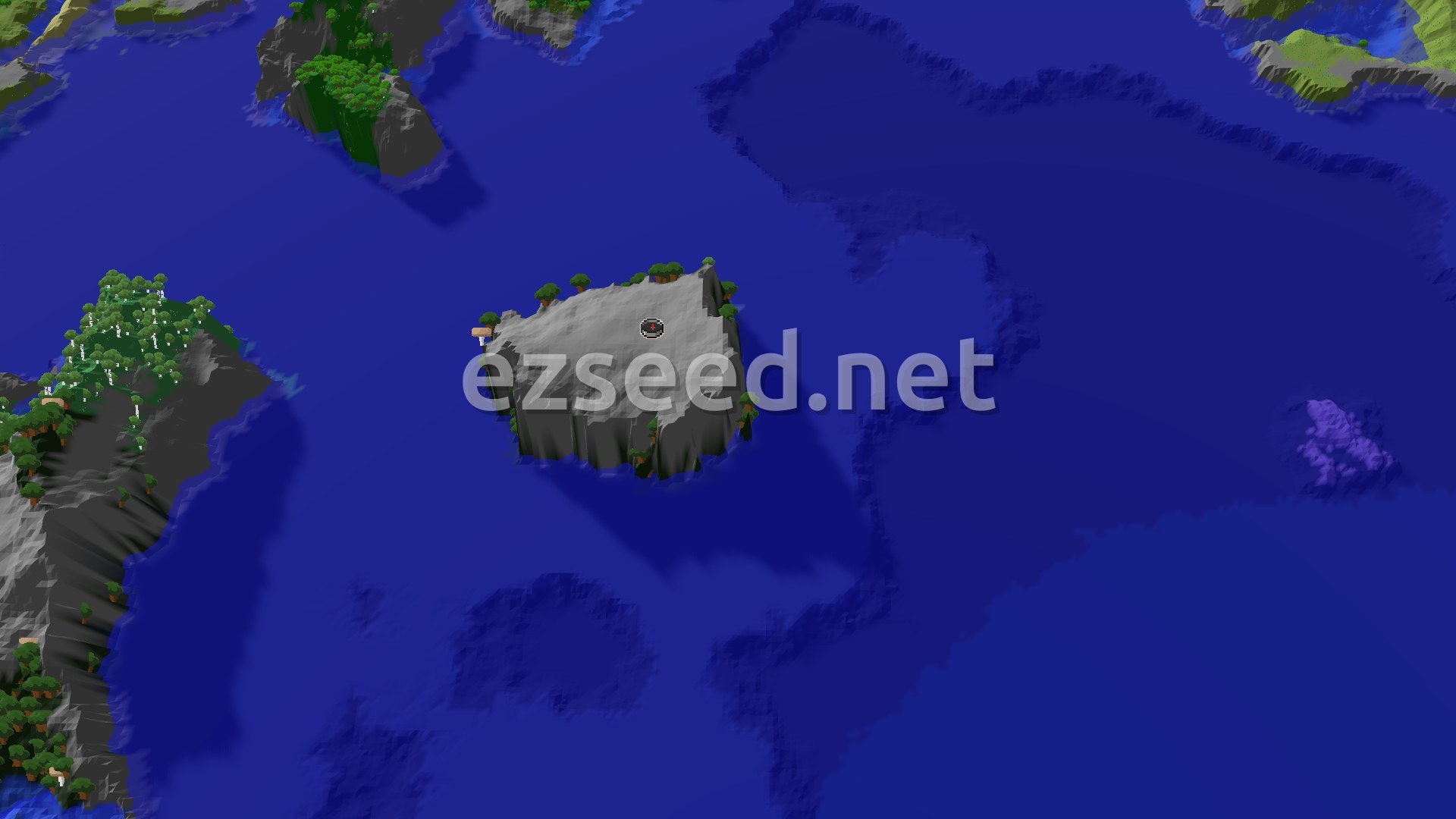 Aerial Minecraft seed map — Island Dark Forest Spawn with an Ancient City Nearby