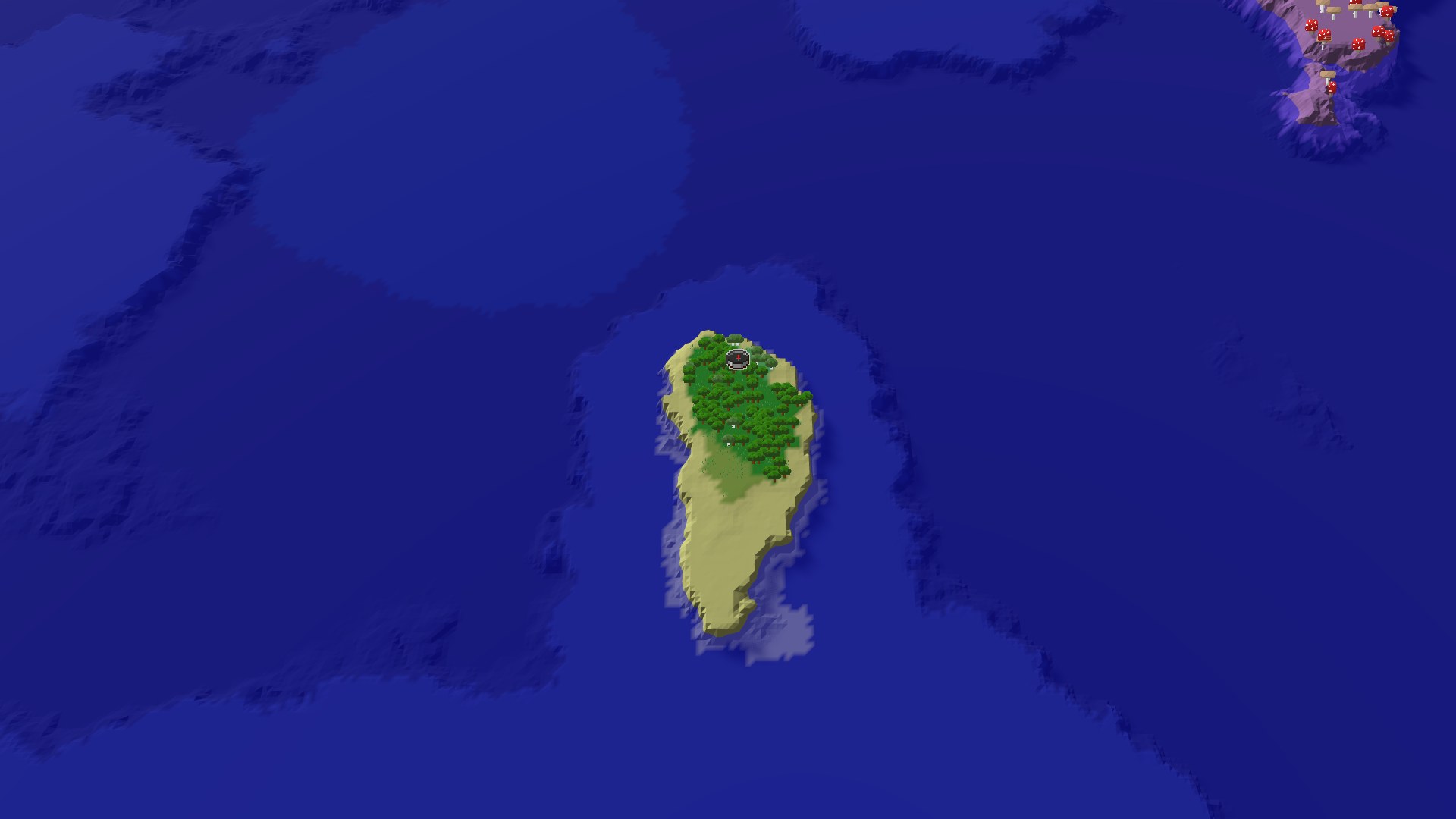Aerial Minecraft seed map — Island Spawn with a Nearby Mushroom Fields Biome