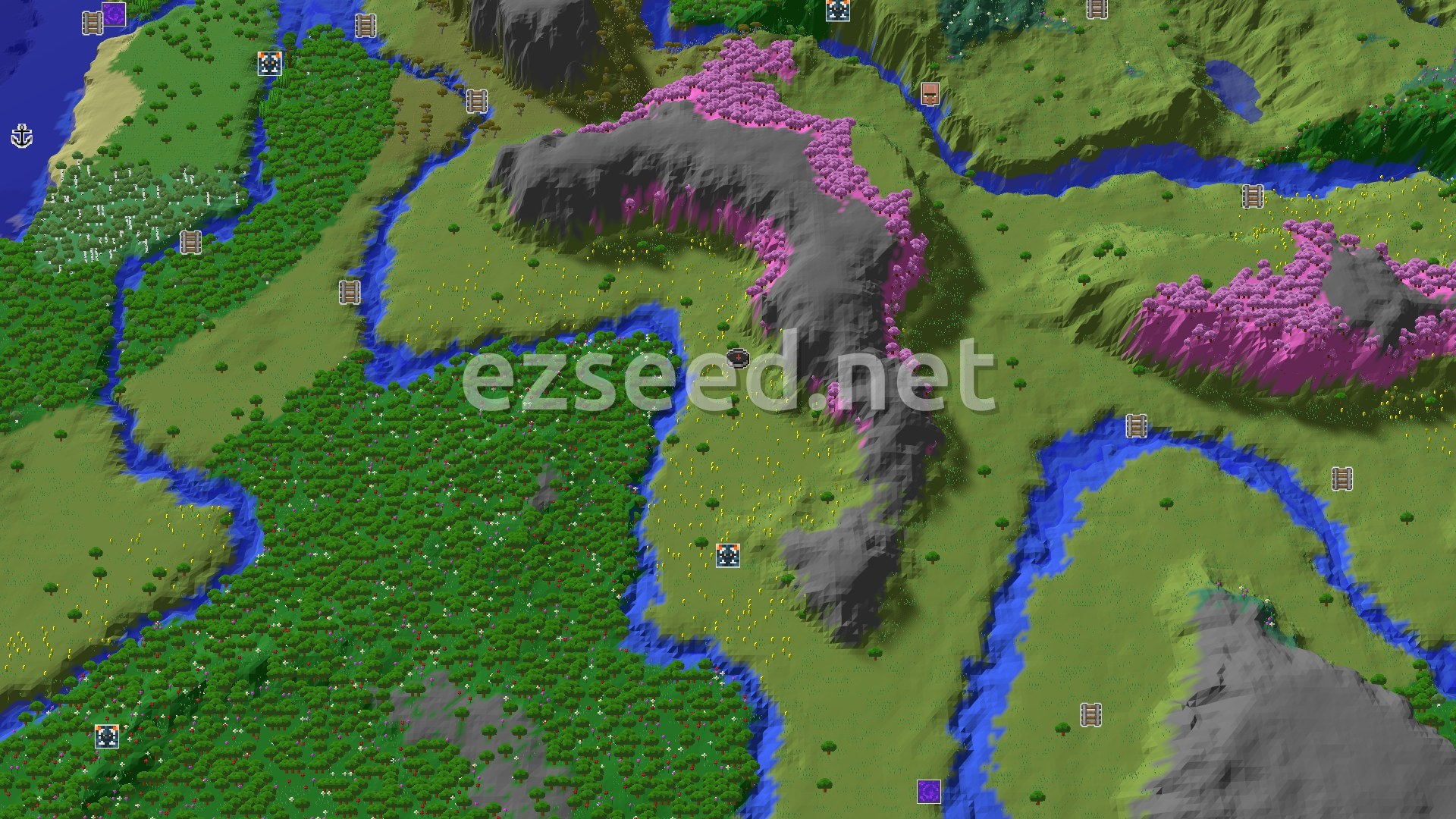 Aerial Minecraft seed map — A Sunflower Plains Spawn with Cherry Grove Views