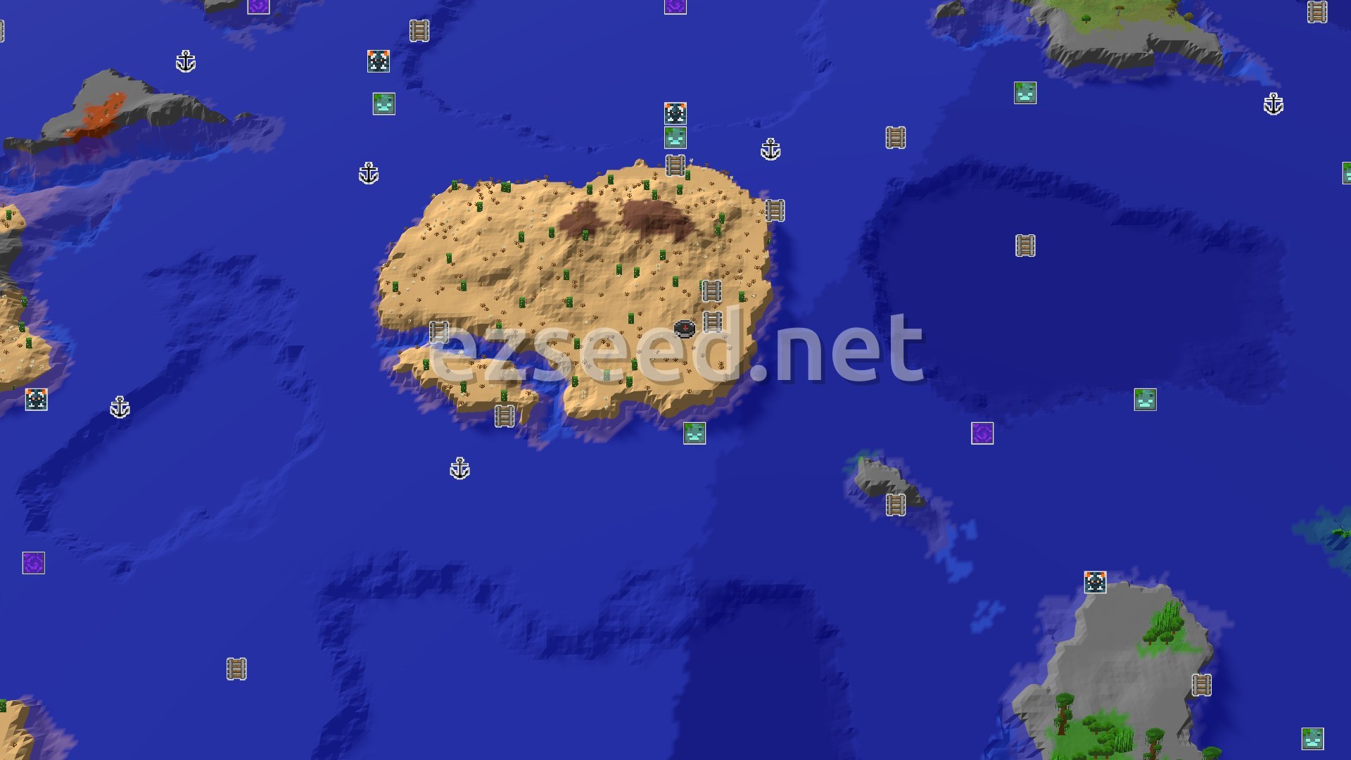 Aerial Minecraft seed map — Desert Island Start with Close Mineshaft and Ocean Ruins