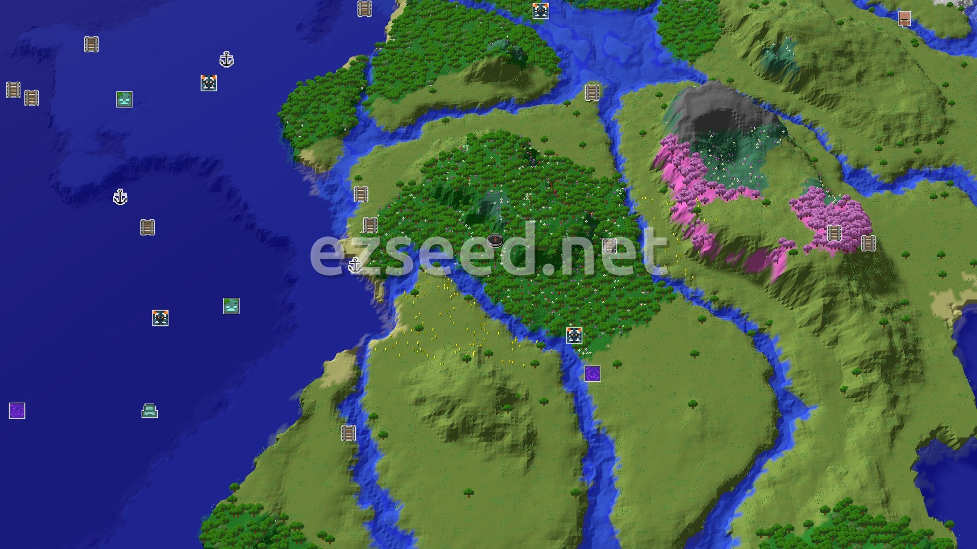 Aerial Minecraft seed map — A Flower Forest Start with Nearby Cherry Groves