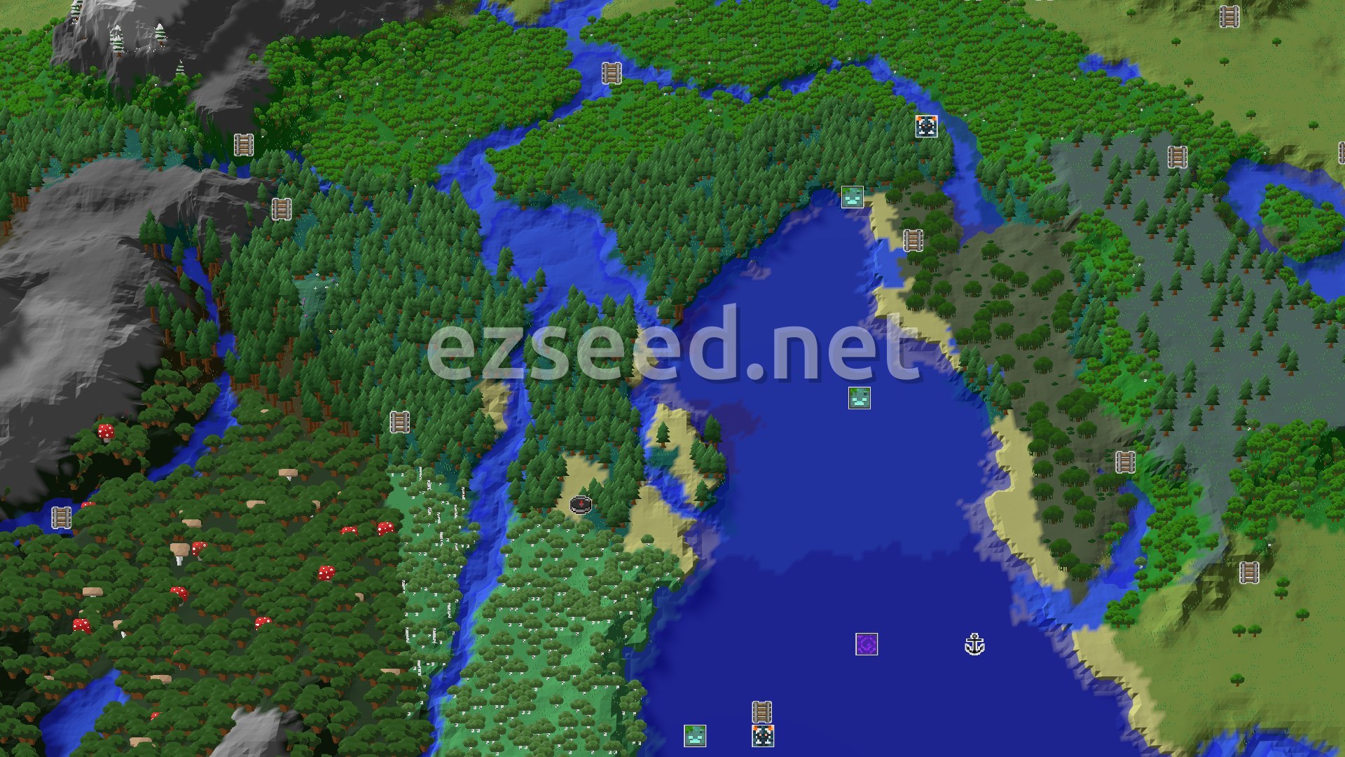 Aerial Minecraft seed map — A Wooded Coast with Nearby Trial Chambers