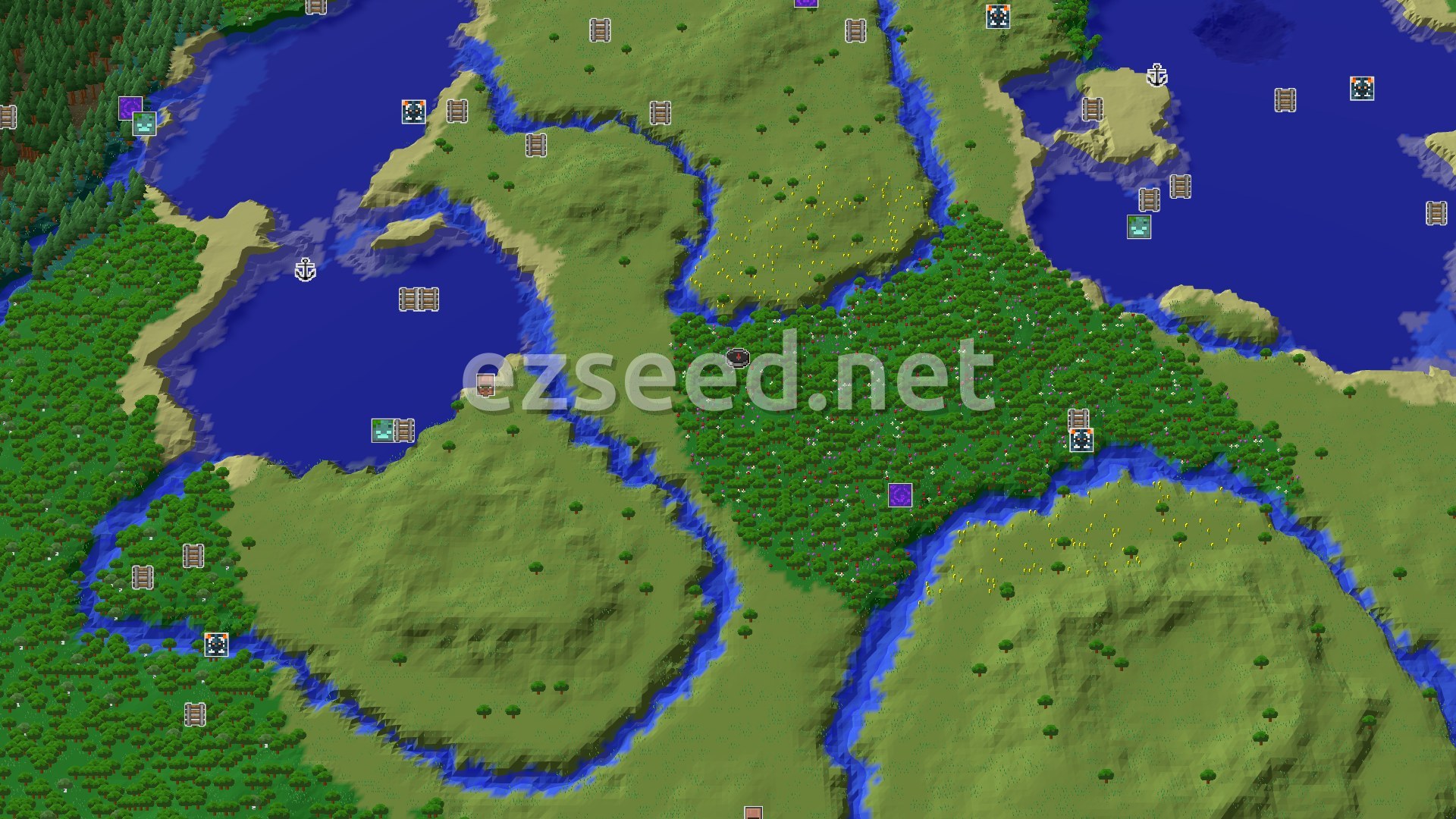 Aerial Minecraft seed map — A Flower Forest Start with Close Underground Loot