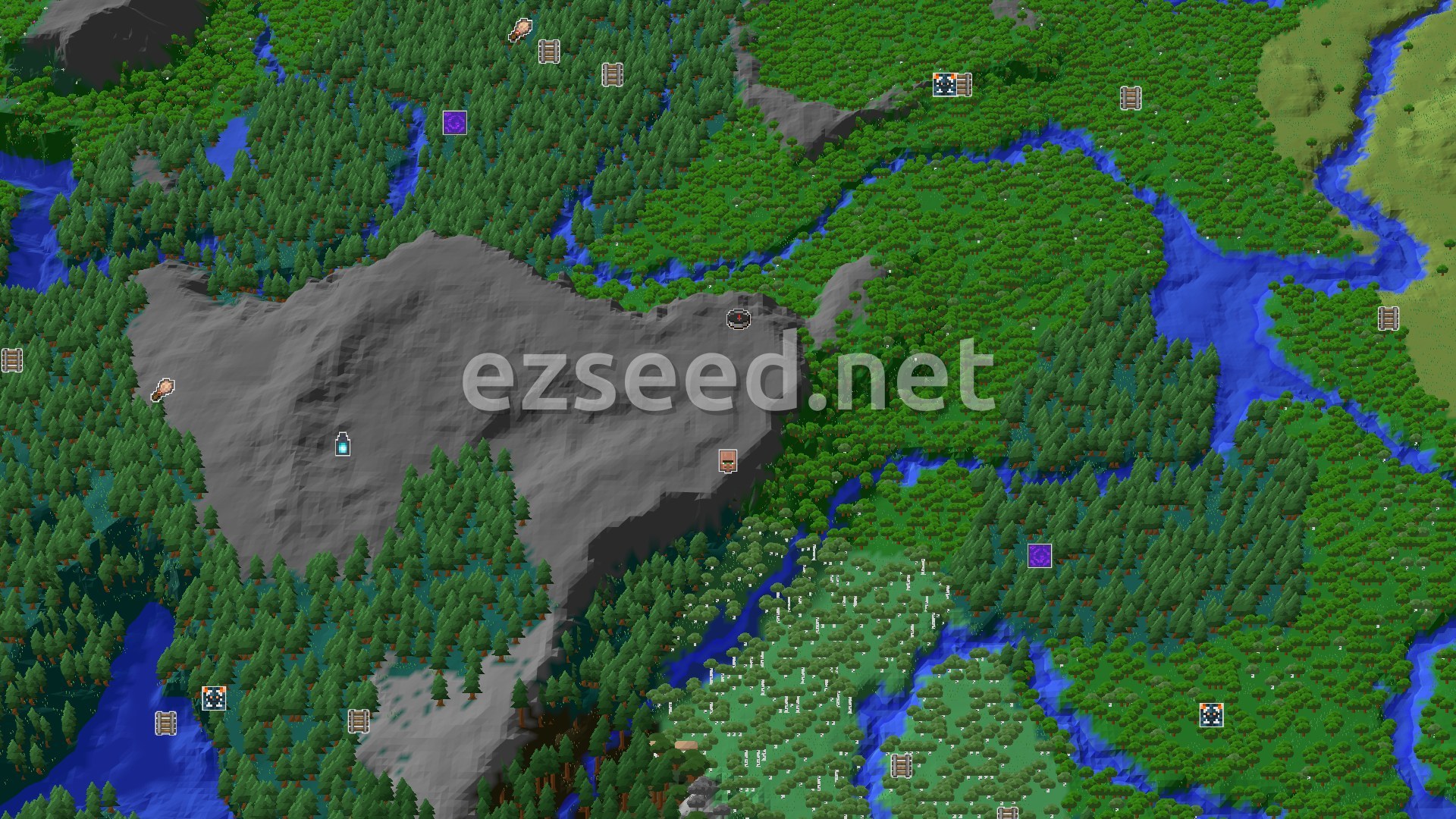 Aerial Minecraft seed map — Forest Spawn with Nearby Underground Wonders