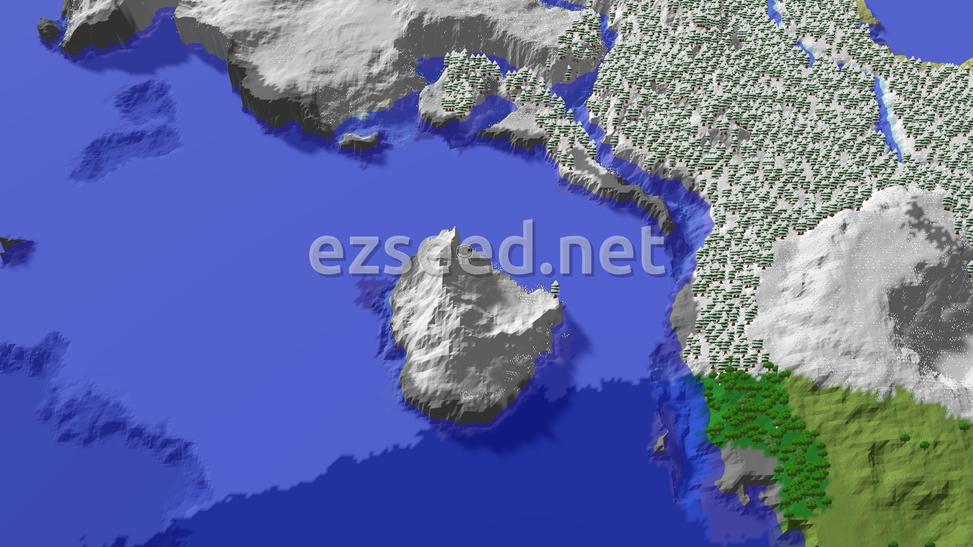 Aerial Minecraft seed map — Island Spawn in a Frozen Ocean, Nearby Village