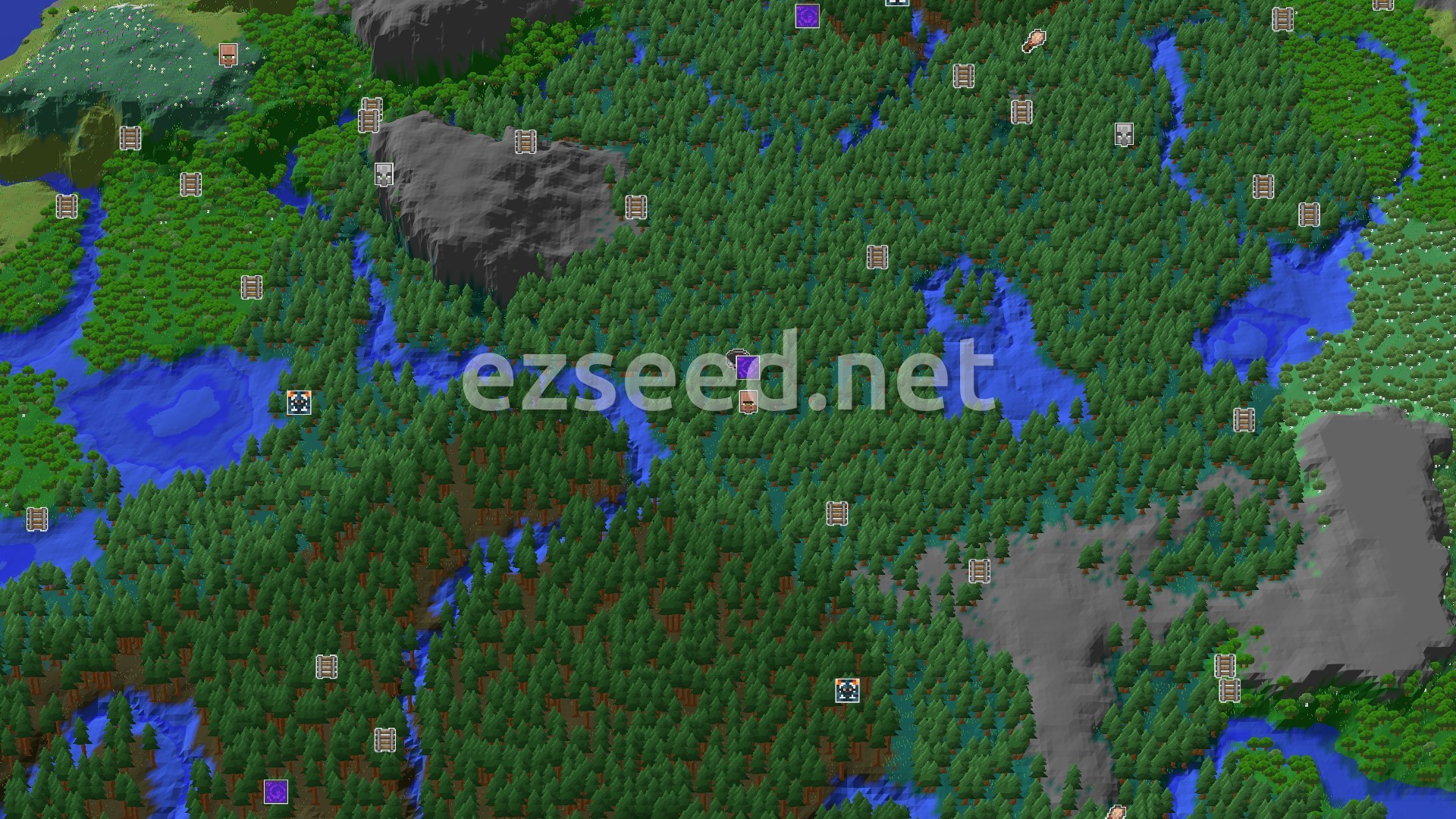 Aerial Minecraft seed map — Taiga Spawn with Nearby Ruined Portal and Village