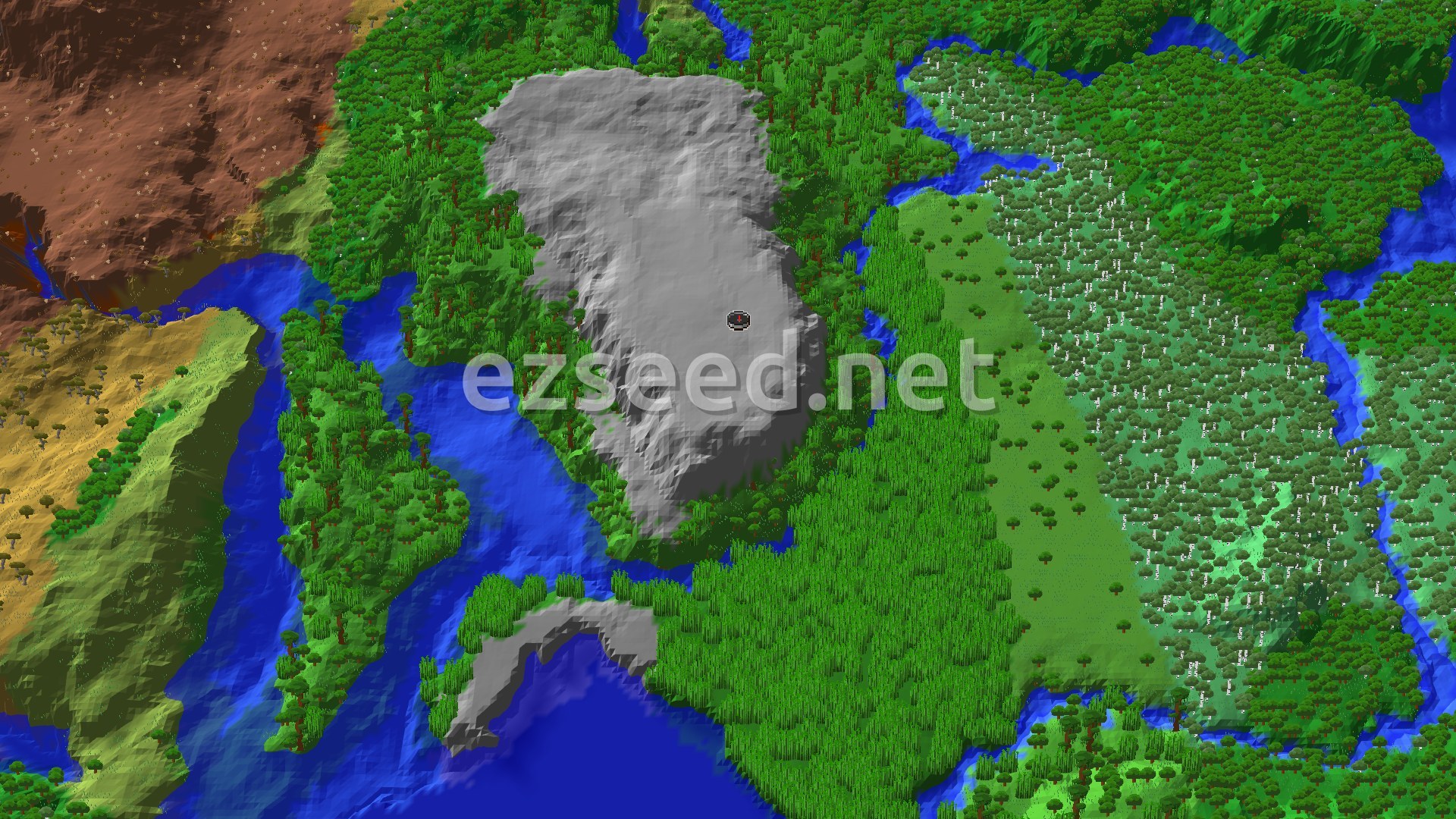 Aerial Minecraft seed map — Jungle Spawn with Badlands and Towering Peaks Nearby