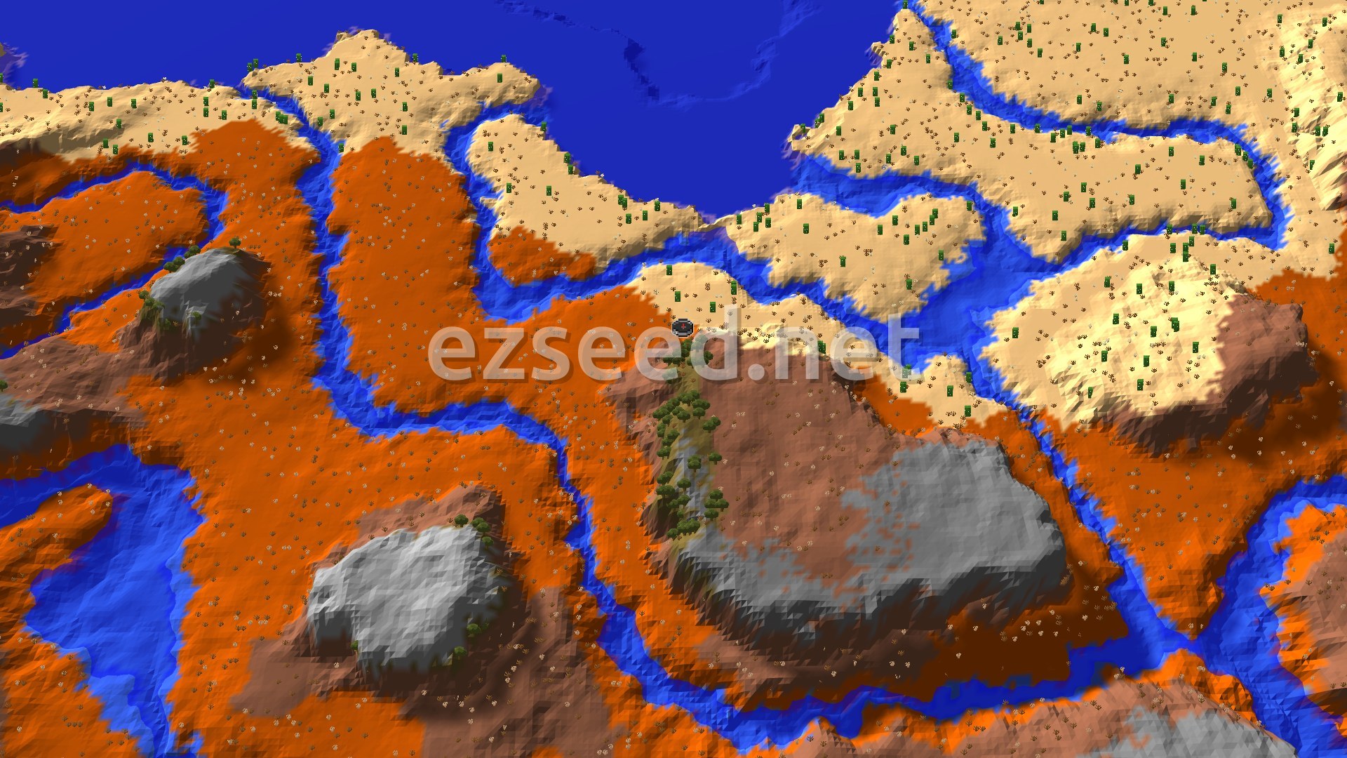 An aerial view shows a landscape of orange and tan badlands, cut by winding rivers, with a deep blue ocean to the north and a small spawn marker in the center.