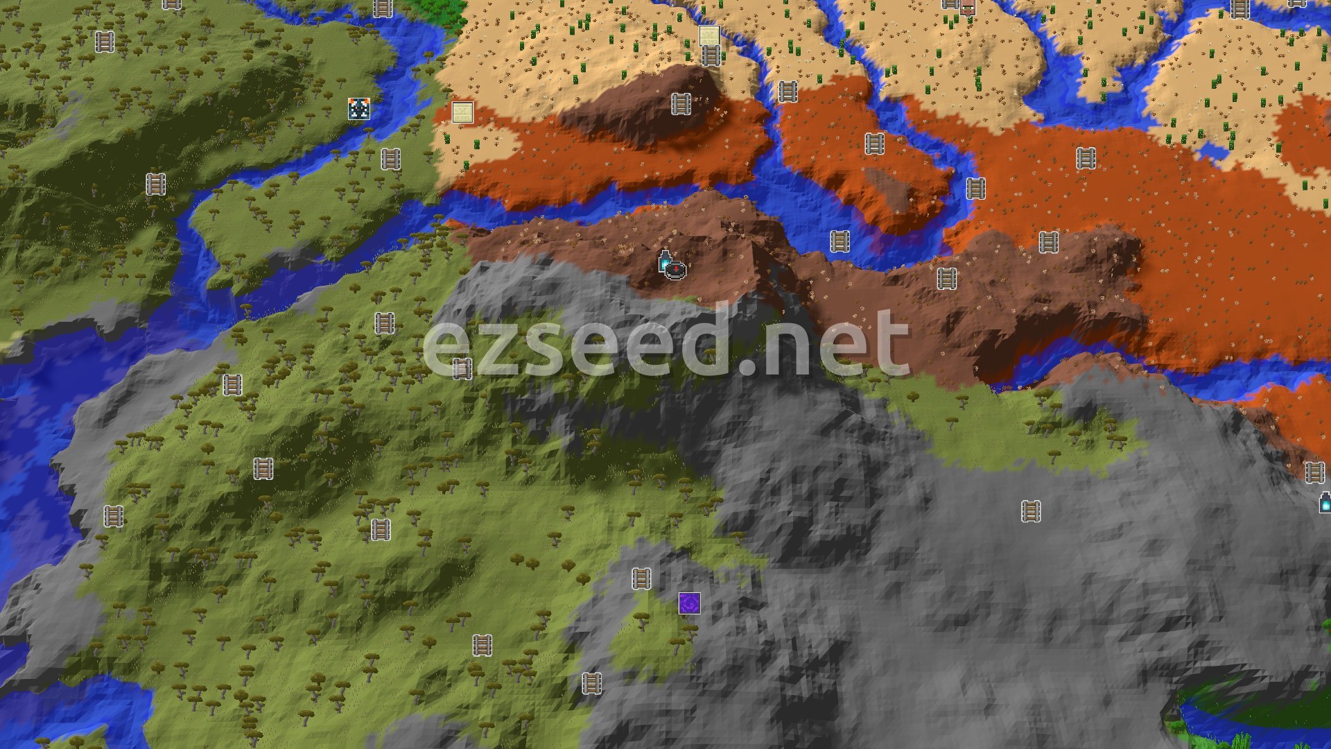 Aerial Minecraft seed map — Ancient City at Spawn in Eroded Badlands Mountains
