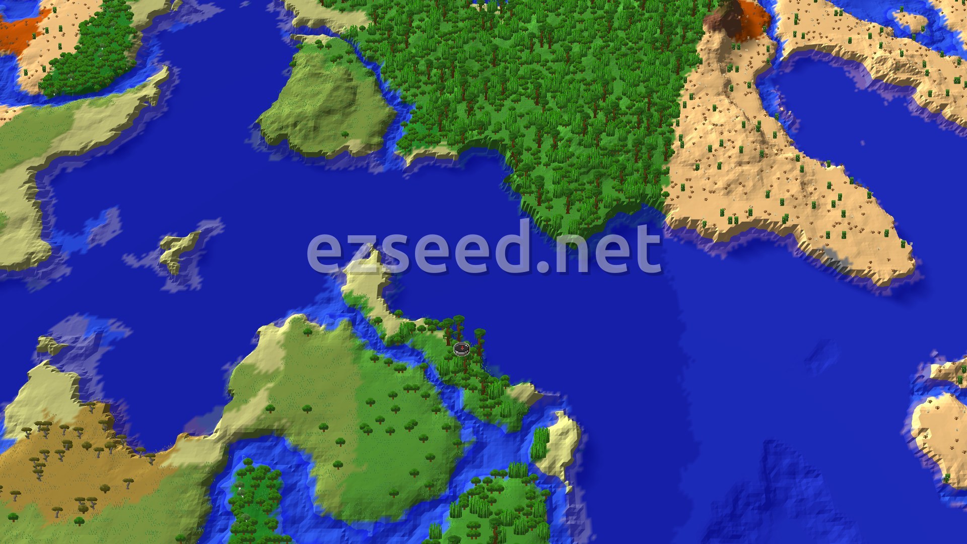 An overhead 3D view shows a large body of water, with a dense jungle on one side and a desert on the other. A spawn marker sits within the jungle, near the water's edge.