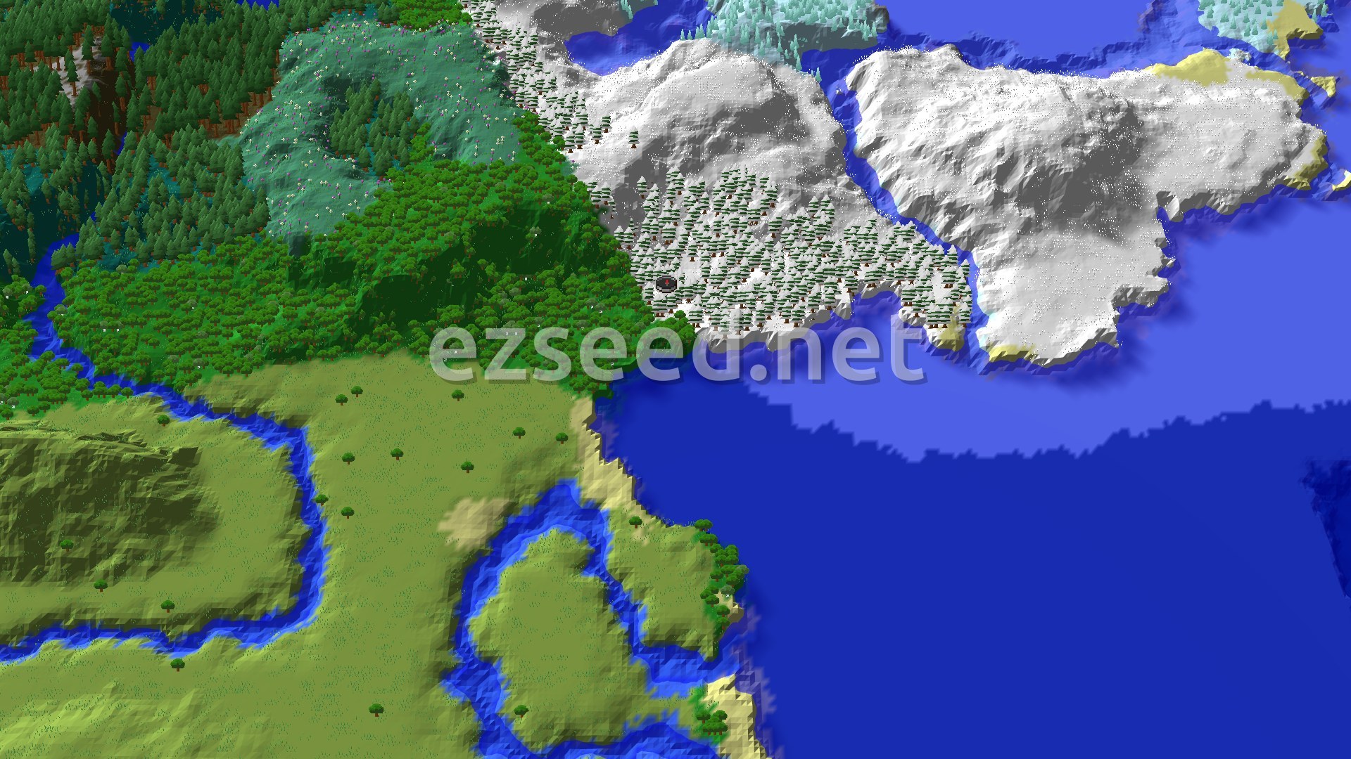 Aerial Minecraft seed map — Spawn in Snowy Taiga with Nearby Frozen Peaks