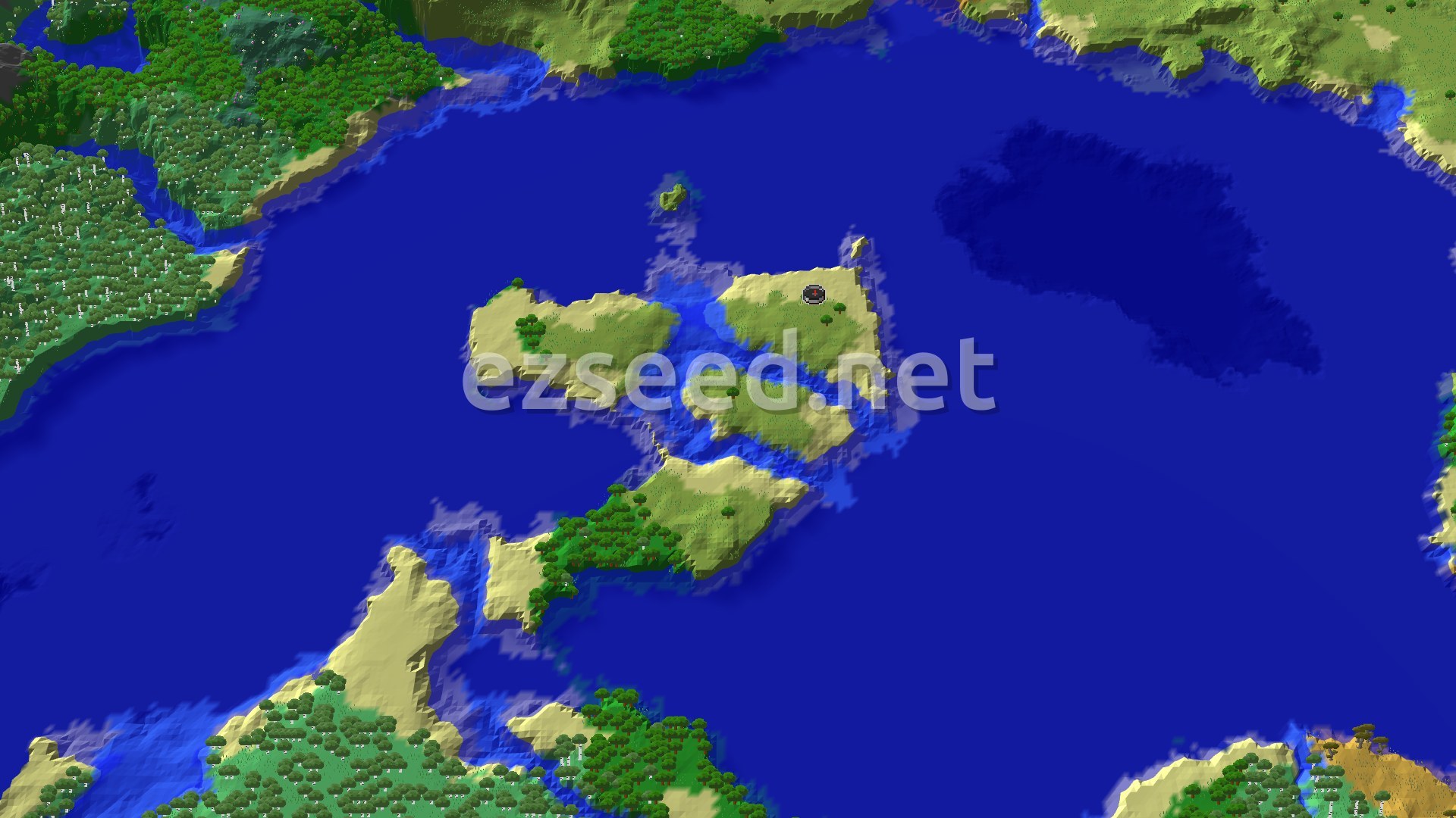 Aerial Minecraft seed map — Spawn Near Ocean, Cherry Grove About 525 Blocks Away
