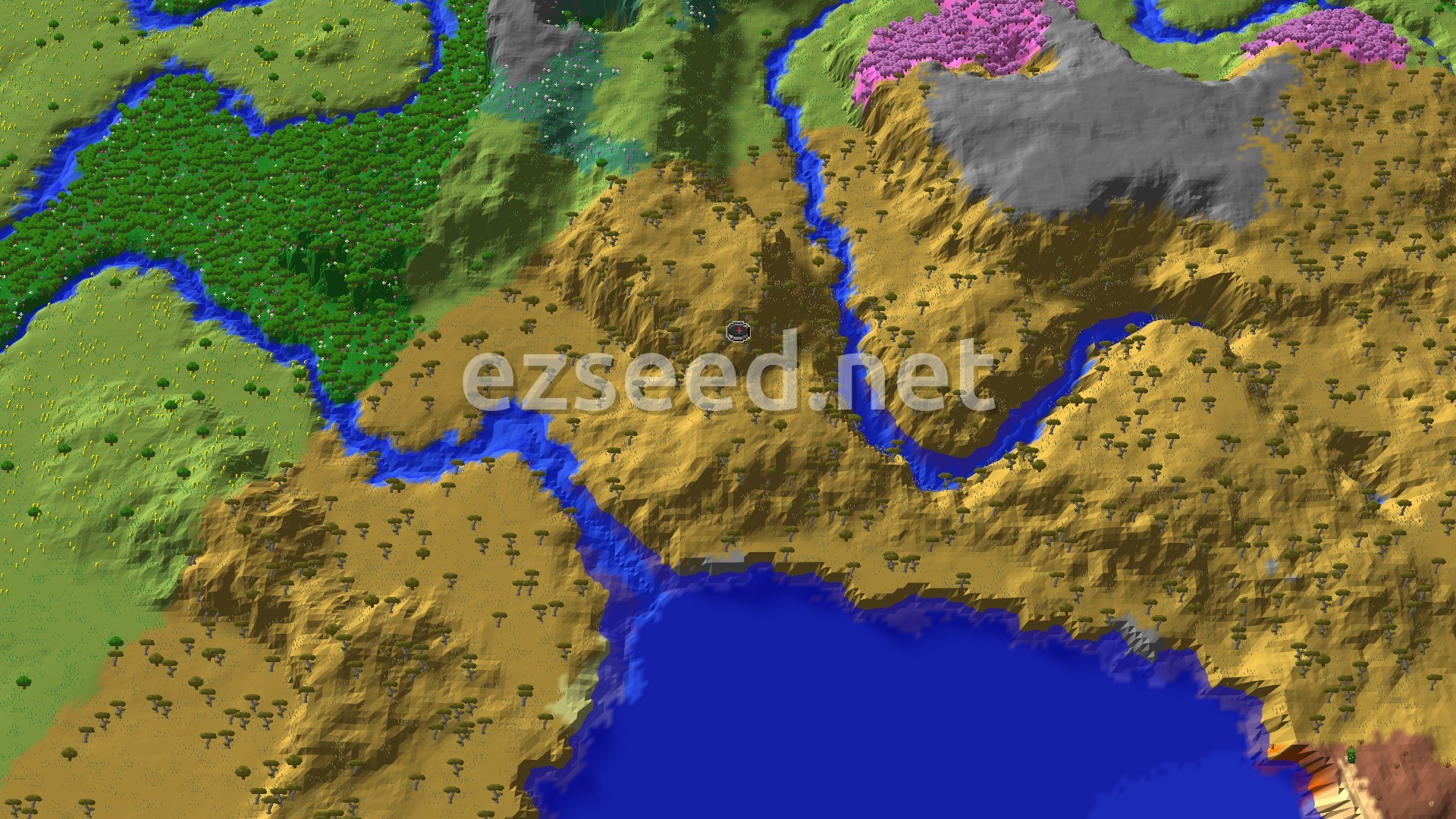 A 3D overhead view of a savanna landscape with scattered acacia trees, winding rivers, a large body of water, and distant forests and cherry groves.
