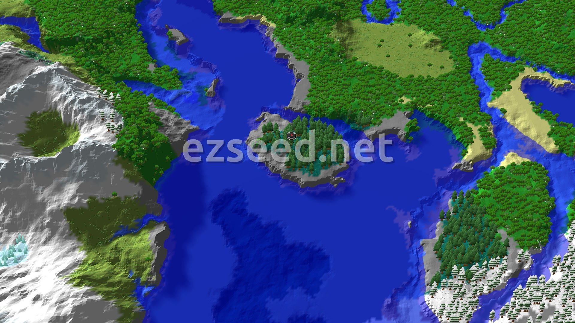 Aerial Minecraft seed map — Spawn on a Taiga Island, Near Frozen Peaks