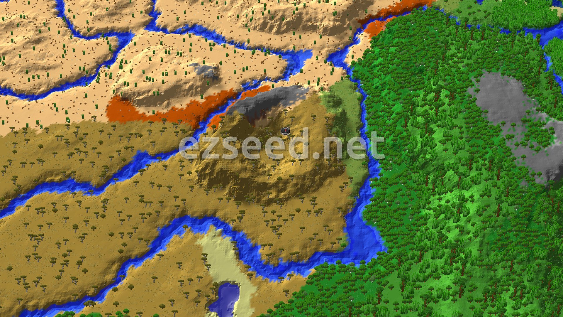 Aerial Minecraft seed map — Savanna Spawn with Nearby Eroded Badlands and Desert