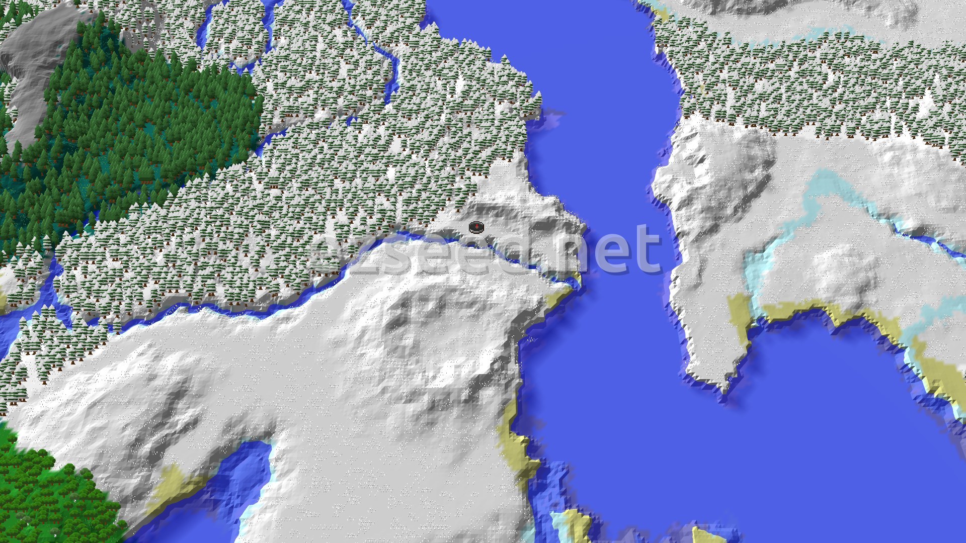 An aerial view of a snowy landscape with a mix of evergreen forests, frozen rivers, and a large body of water. A small marker indicates the spawn point on a snowy plain.