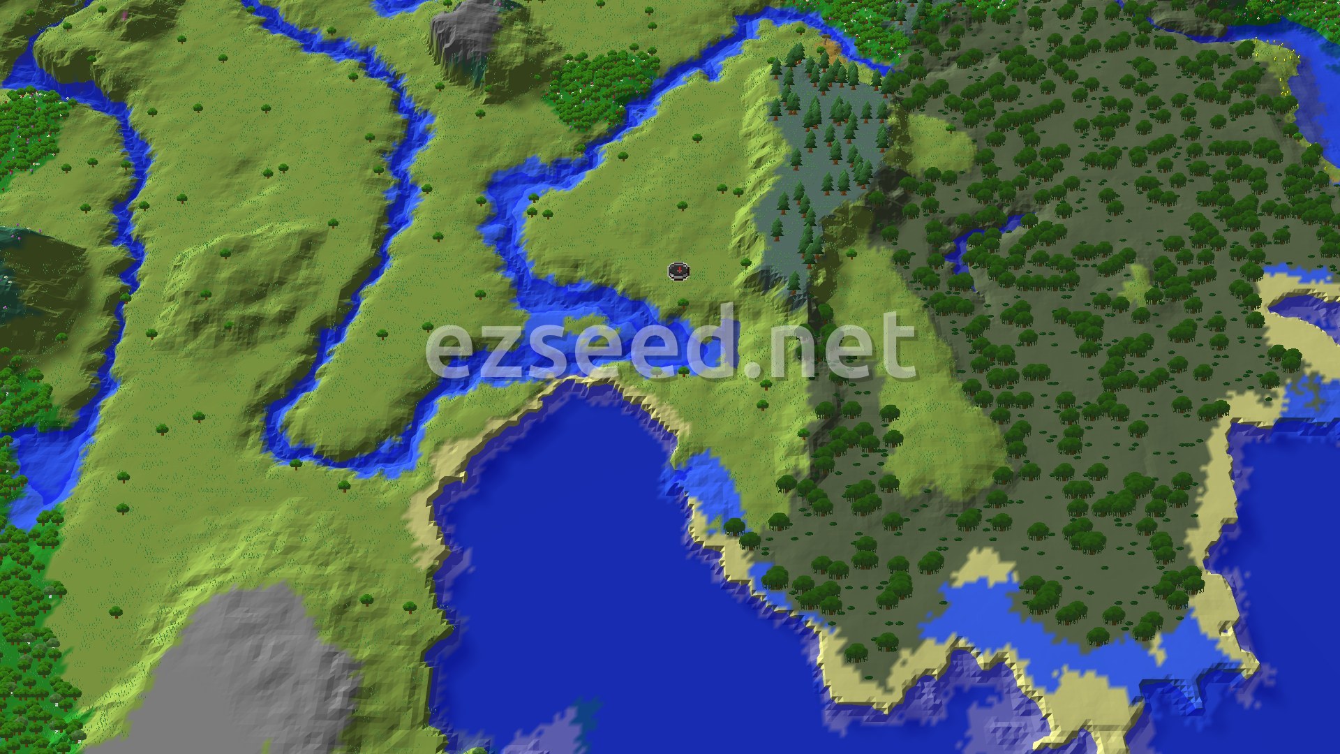 Aerial Minecraft seed map — Plains Spawn with Nearby Flower Forest